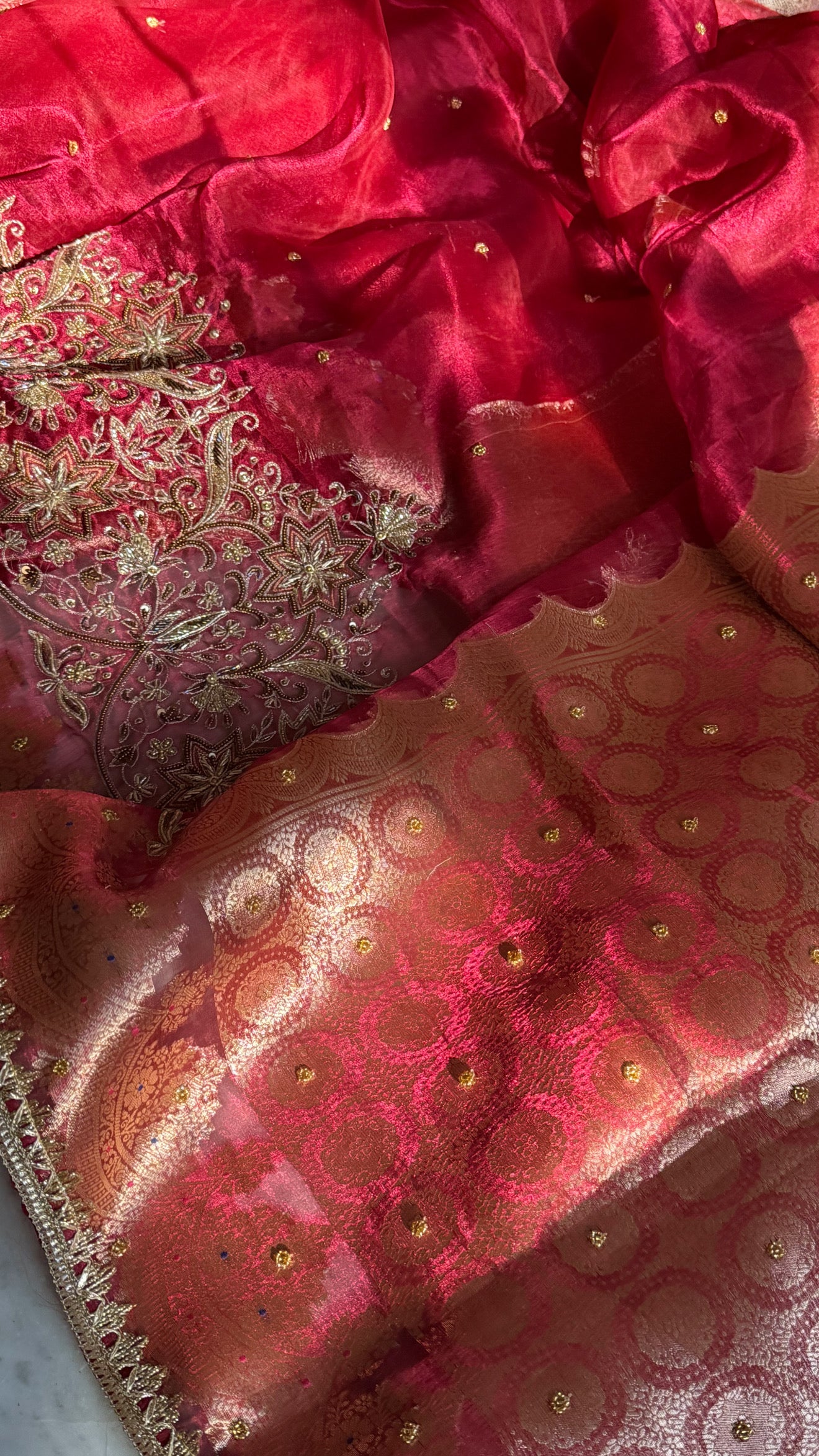 Teej special - Cranberry red tissue silk husn hand embroidered kadhwa saree