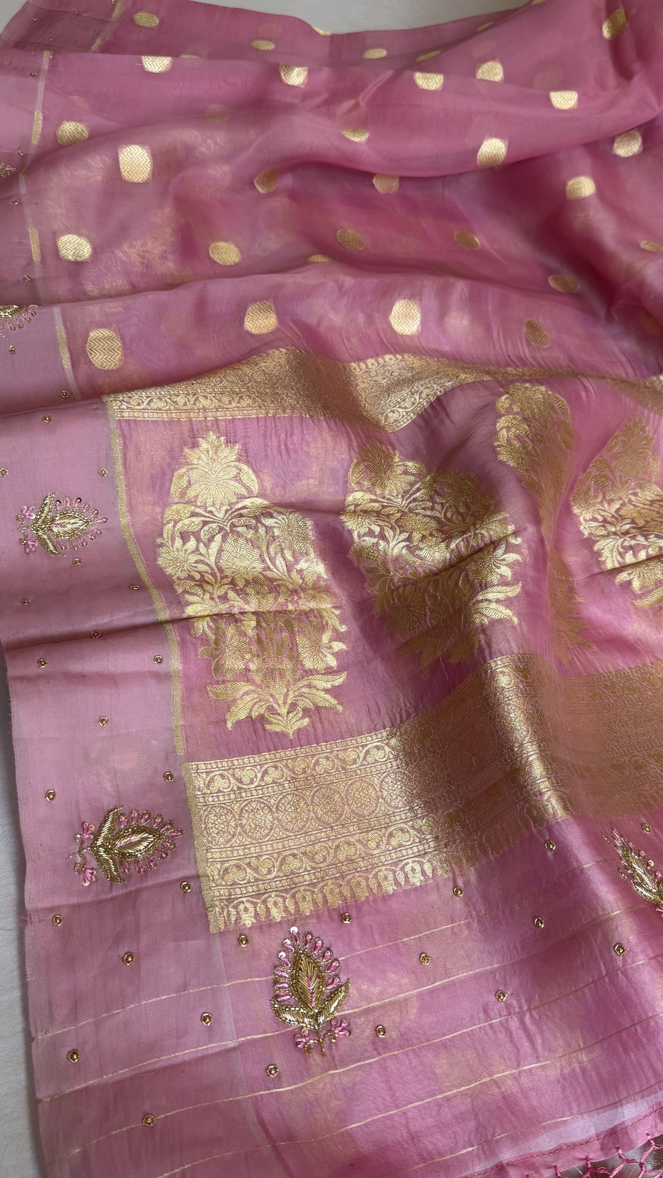 Blush pink banarasi kora silk kadhwa hand embroidered