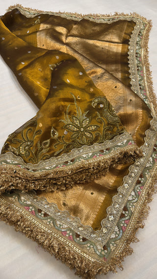 Dulhan wali saree - Antique gold tissue silk hand embroidered saree