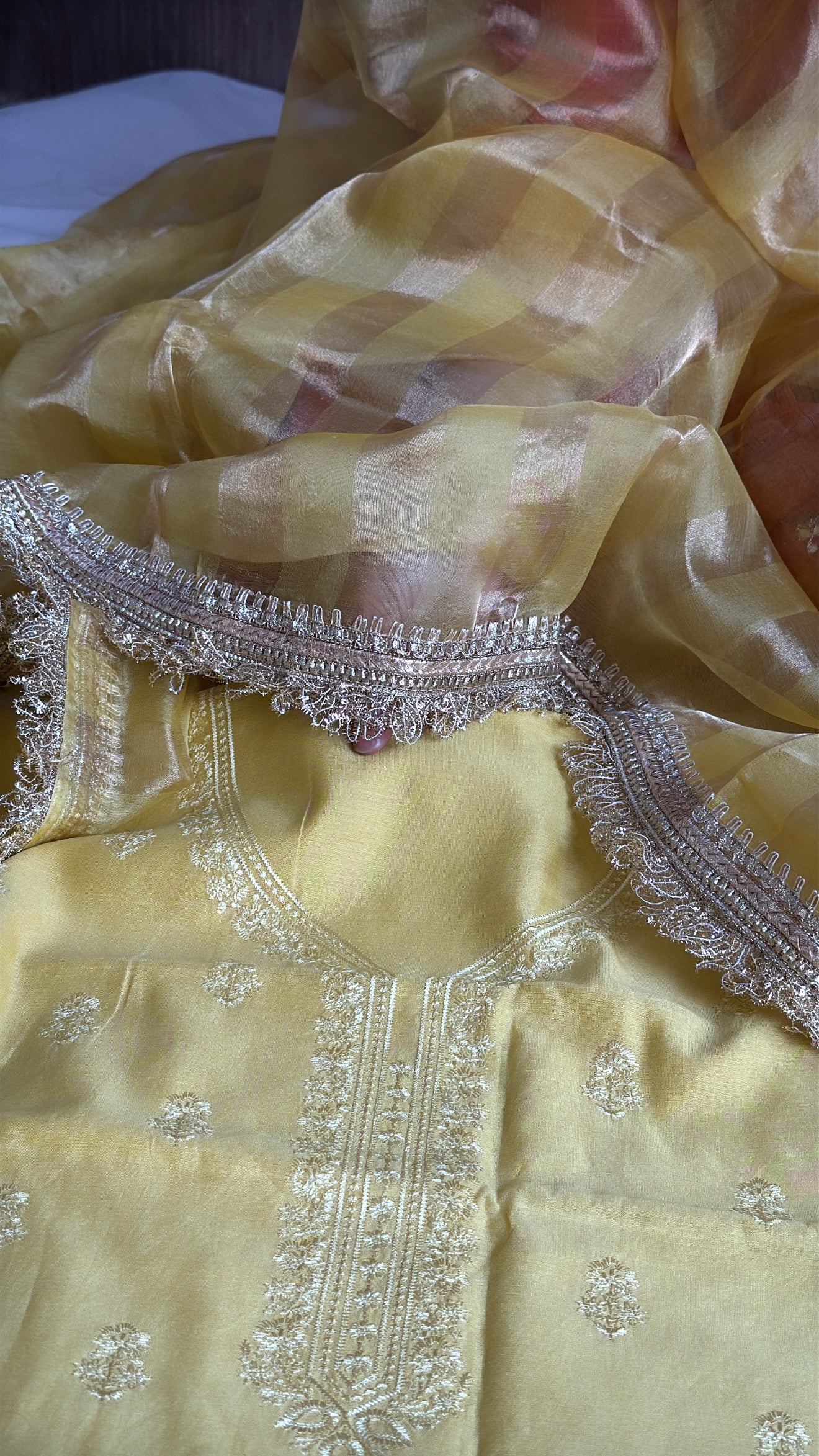 Banarasi cotton silk hand embroidered kurta paired with kora tissue striped duppata set