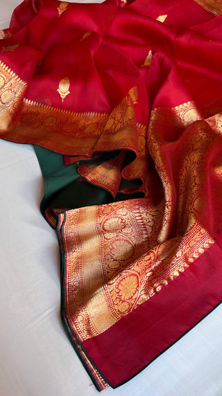 Sitara chilly red kora silk kadhwa buti saree with satin backing