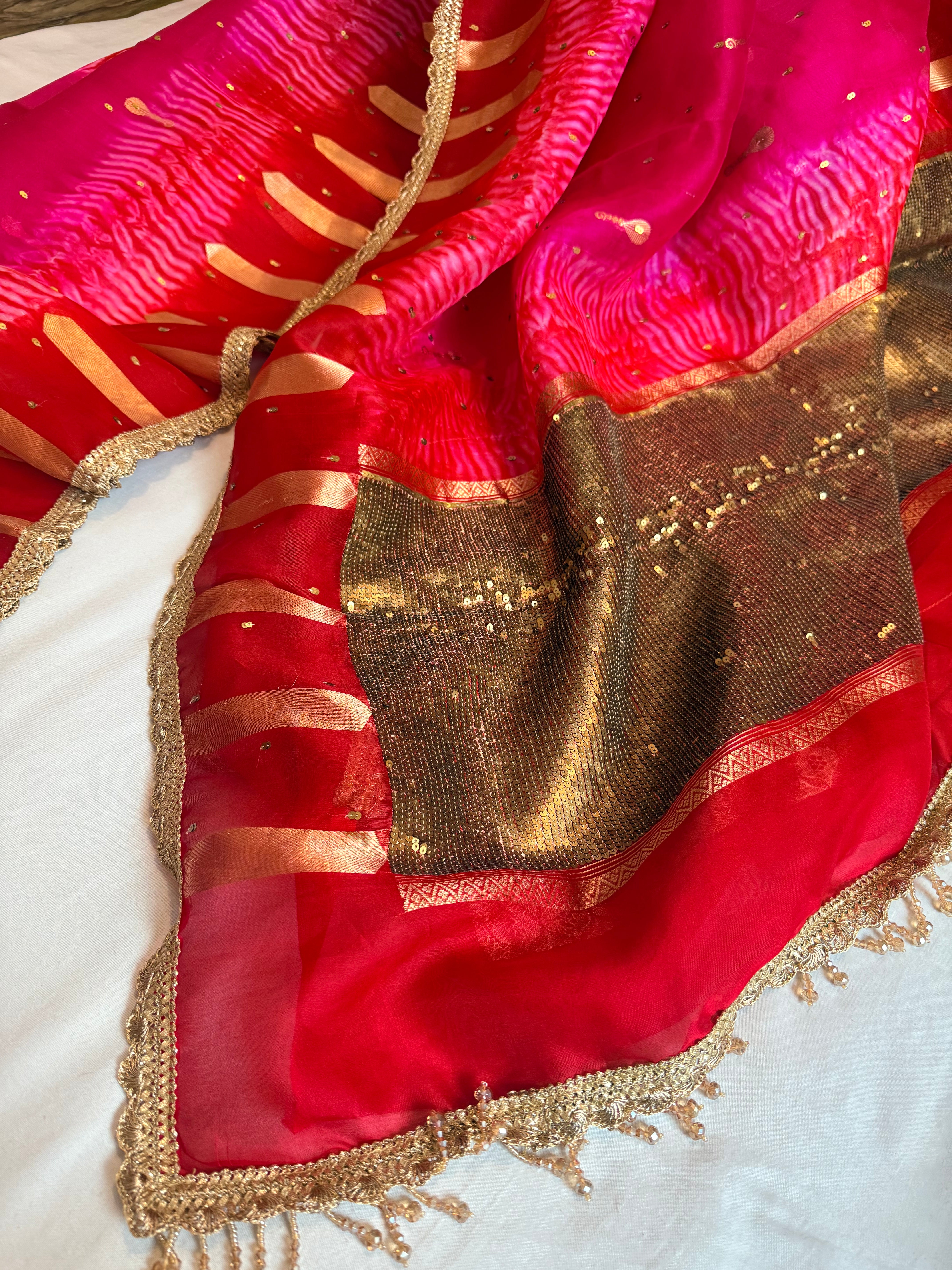 Shibori dye kora silk salma sitara work hand embroidered sequins saree