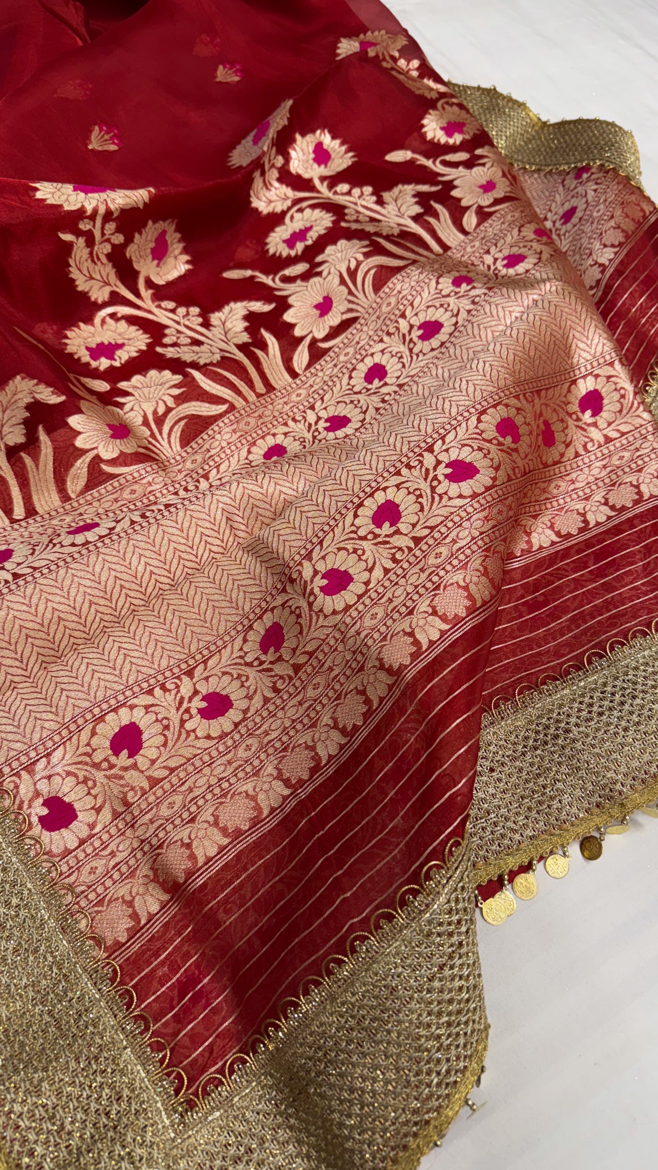 Maharani deep red tissue silk kadhwa meenakari saree