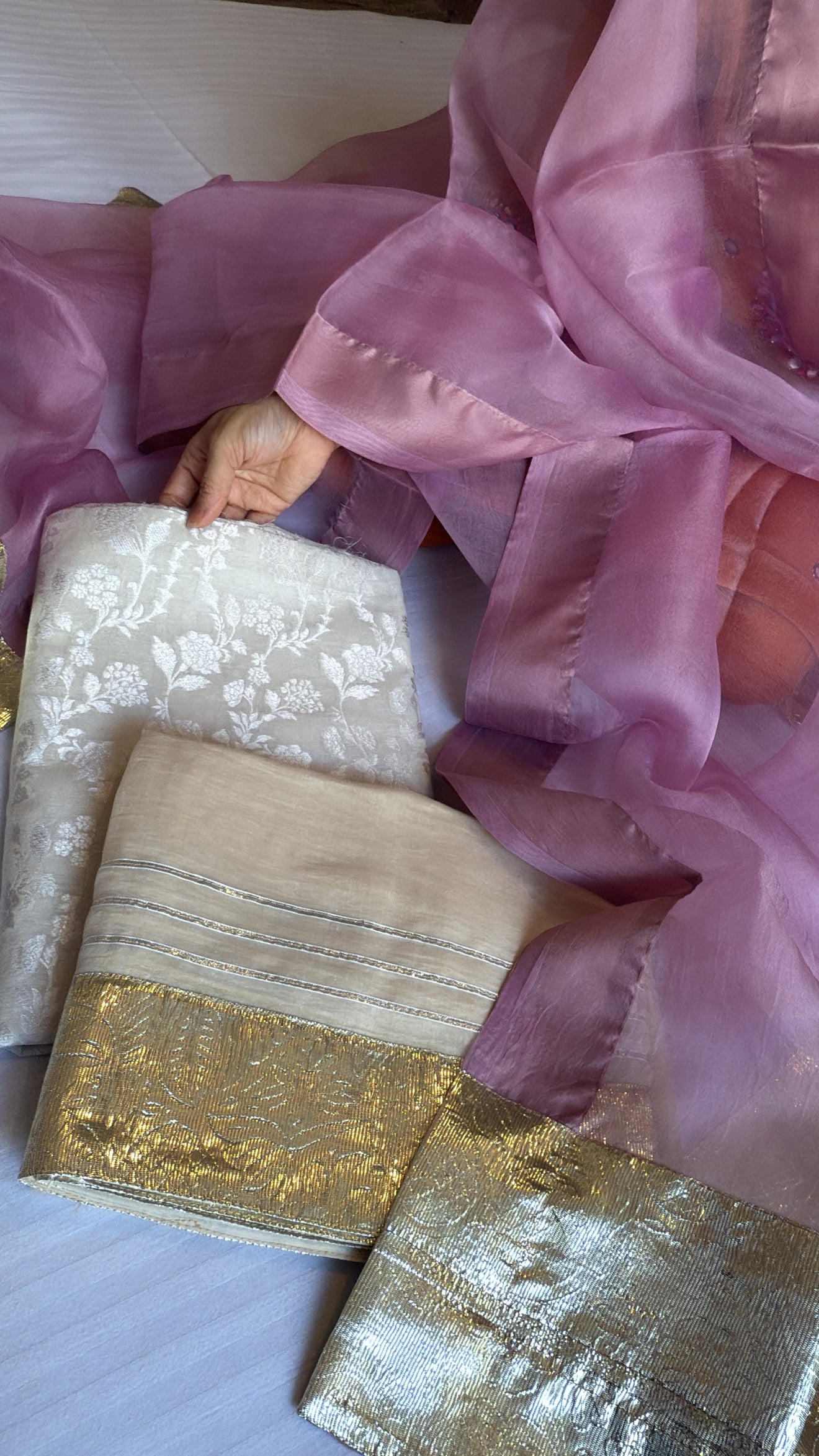 Ivory handloom cotton kadhwa jaal gotapatti suit paired with mouve kora silk gotapatti duppata set