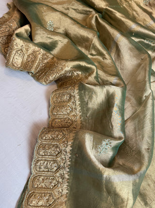 Husn mint green tissue silk heavy zardozi hand embroidered saree