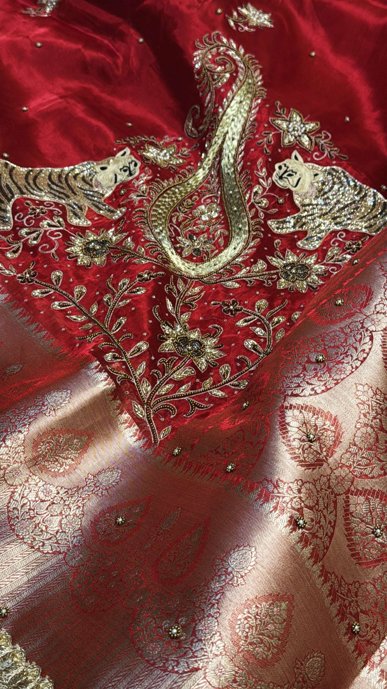 Red special - Husn metallic red tissue silk tiger motif hand embroidered kadhwa saree