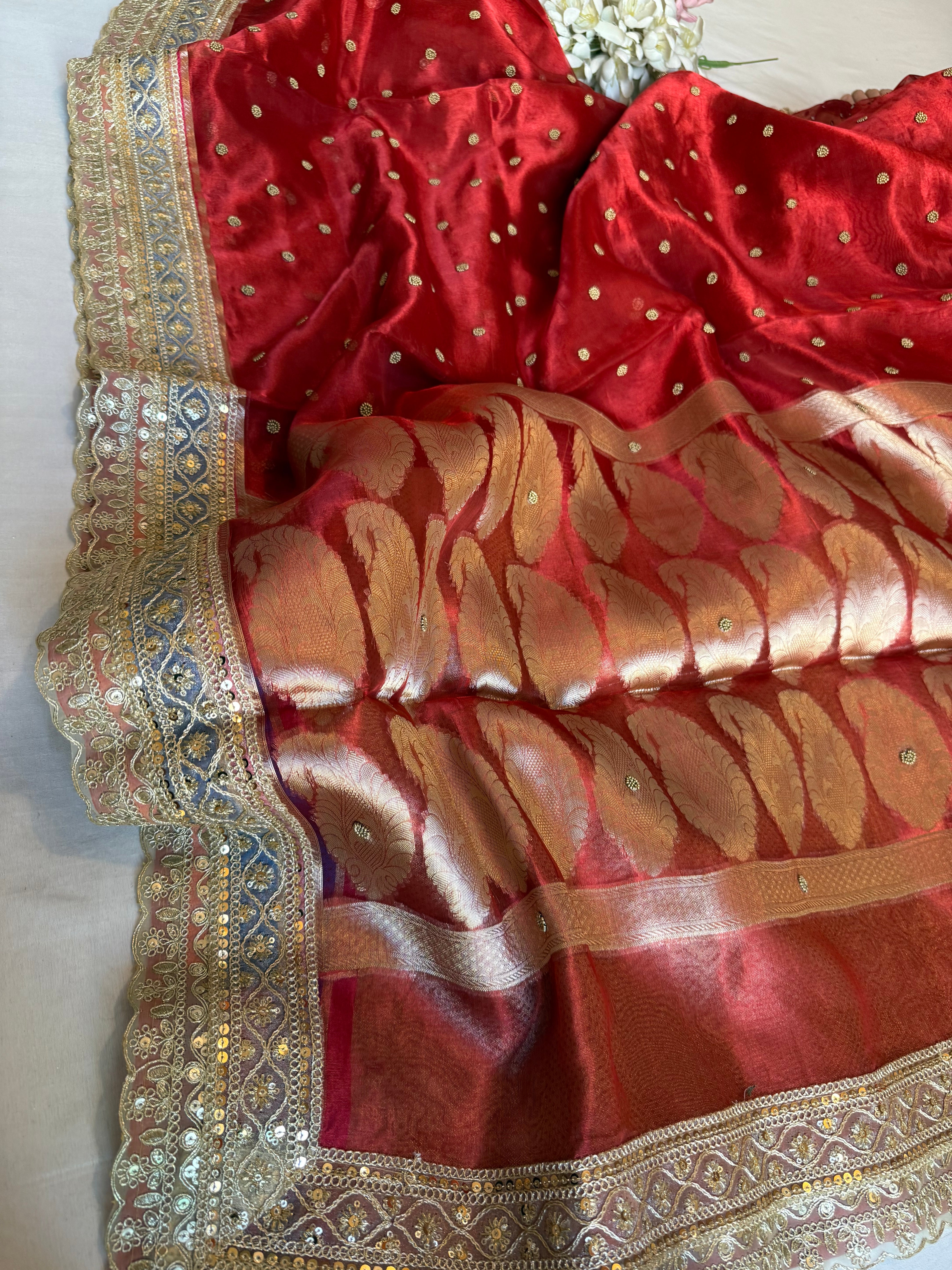 Maharani chunri buti hand embroidered kadhwa tissue silk saree