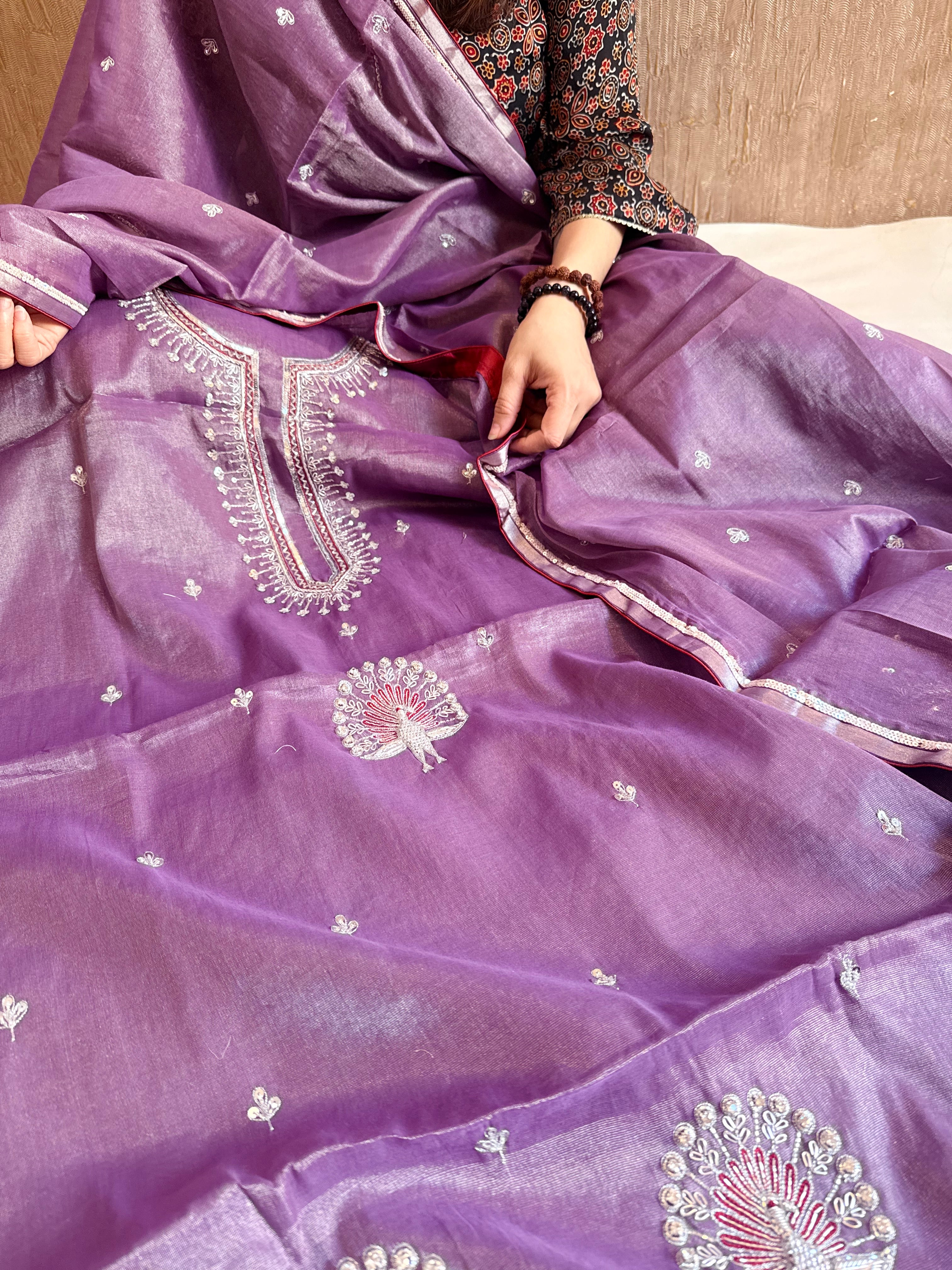 Deep lavender mul cotton tissue silk hand embroidered suit set