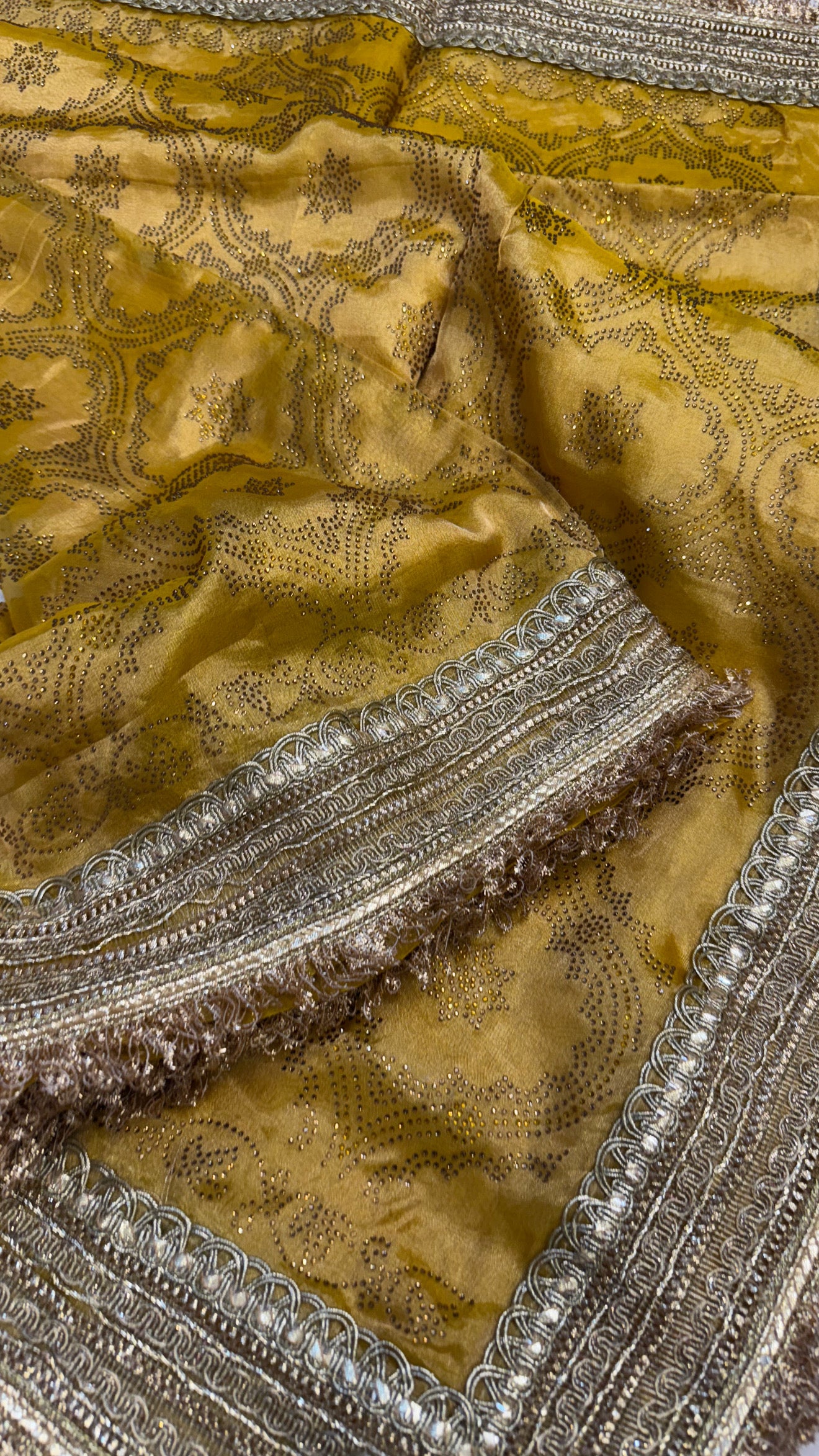 Sitara stonework haldi yellow tissue silk gotapatti saree