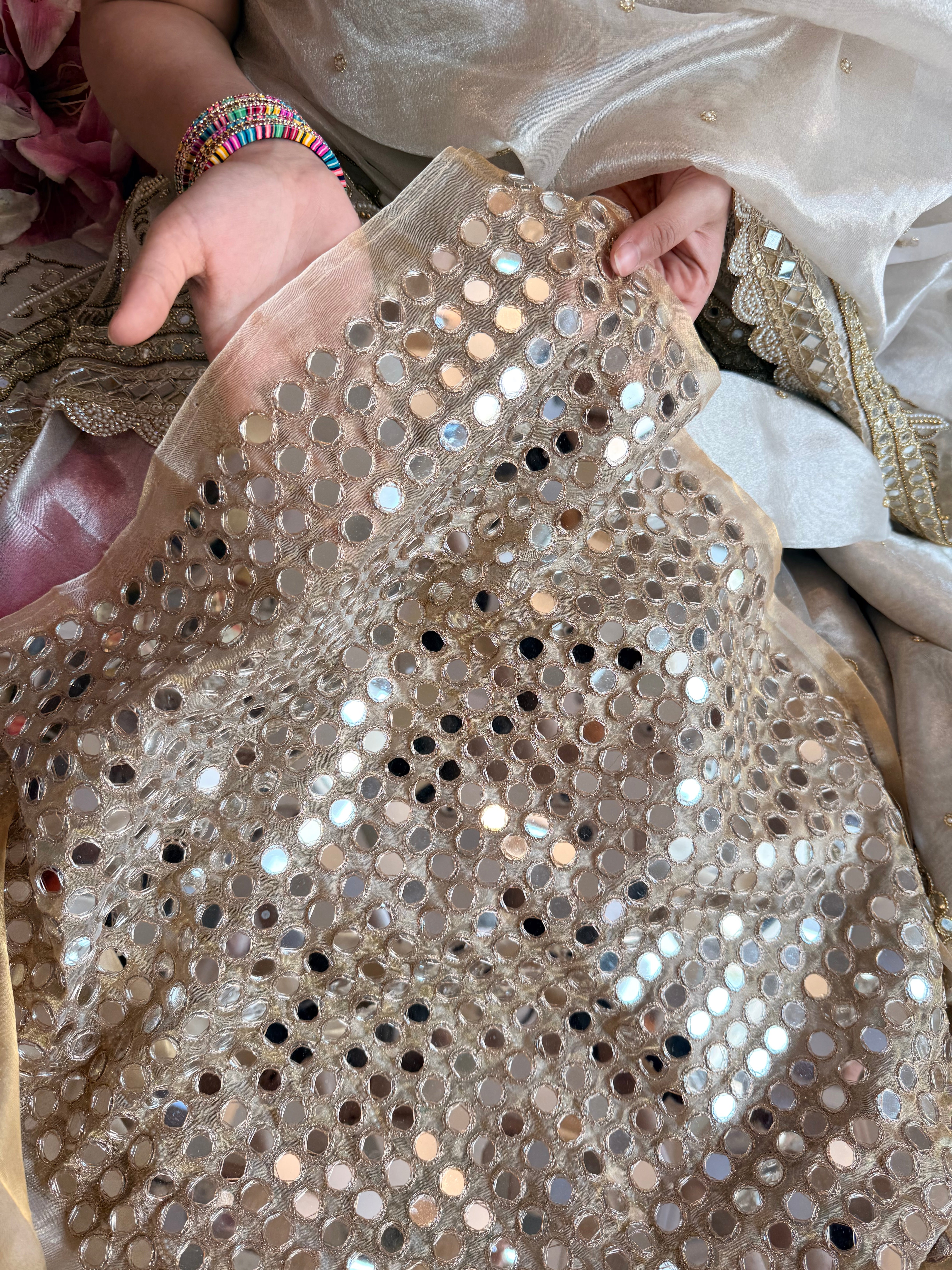 Sheeshmahal mirror work tissue golden blouse