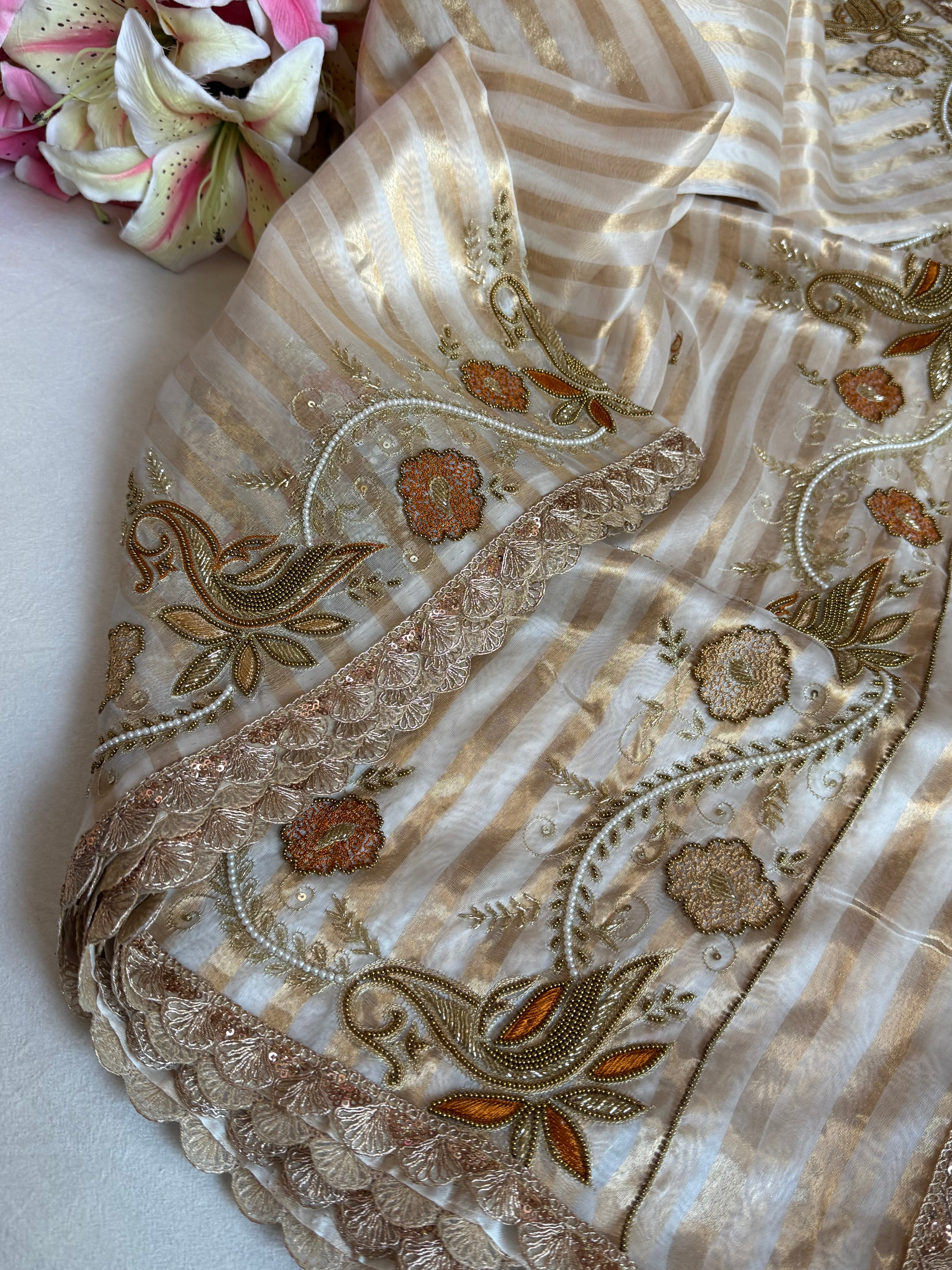 90s bollywood inspired diamond tissue silk striped shikargah border meenakari kadhwa saree