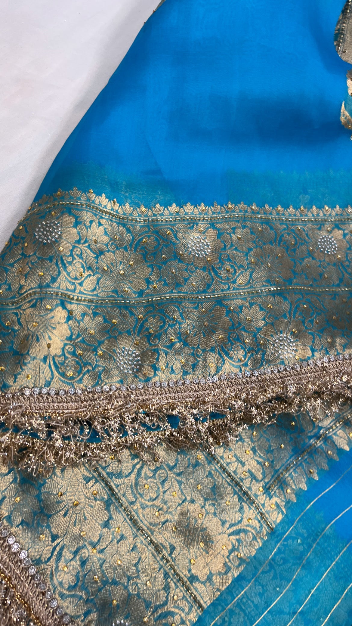 Sea blue sitara kora silk stonework saree