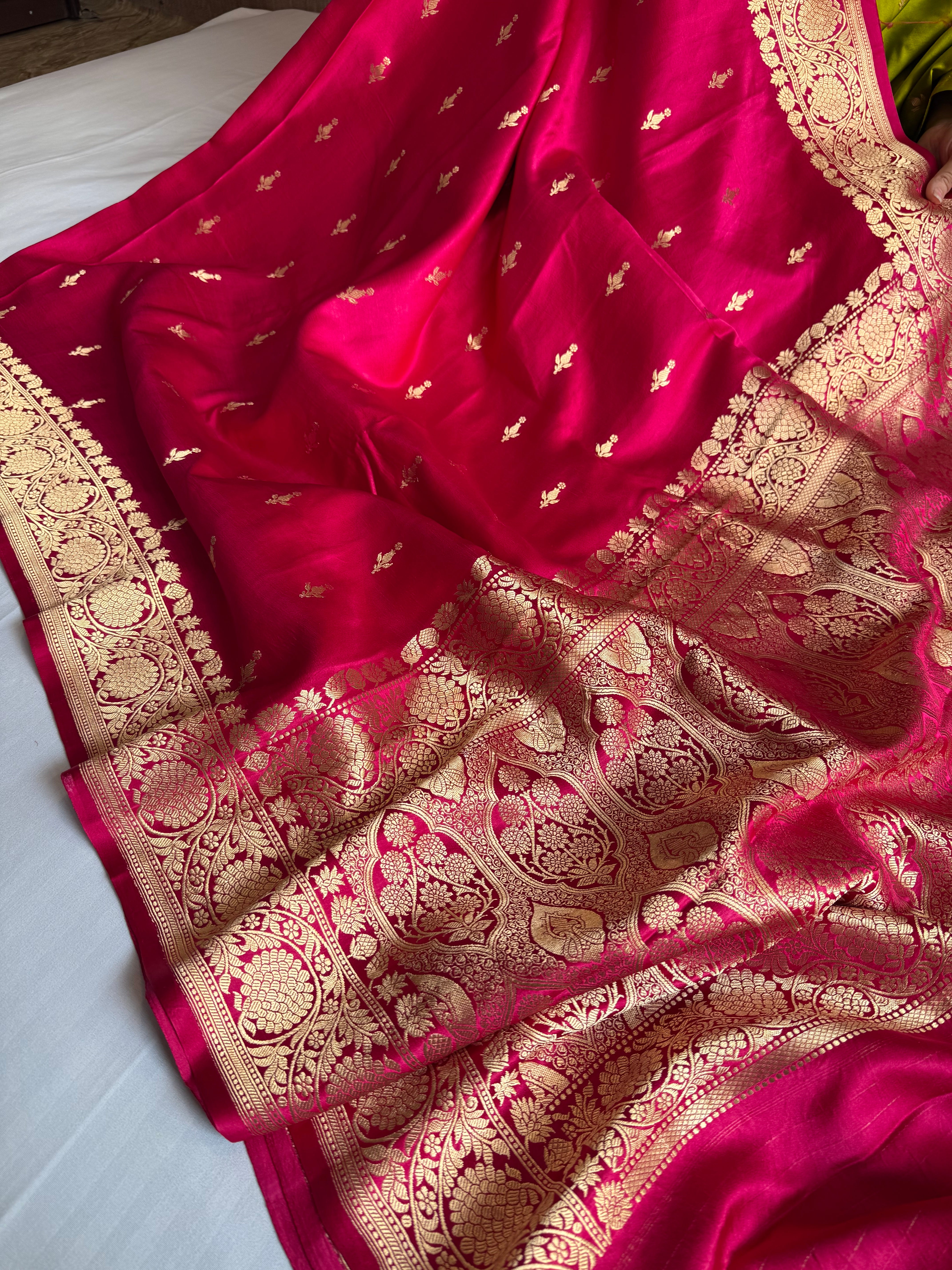 Hot pink banarasi mashru silk kadhwa border saree