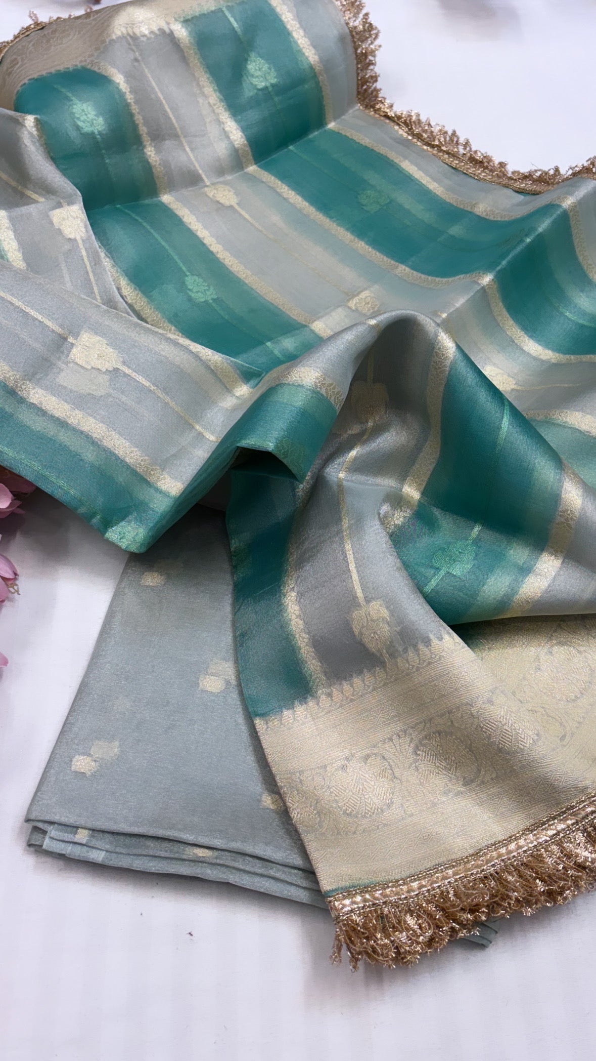 Pure banarasi torquoise green rangkaat duppata kadhwa handwoven tissue silk suit set with gotapatti work on duppata