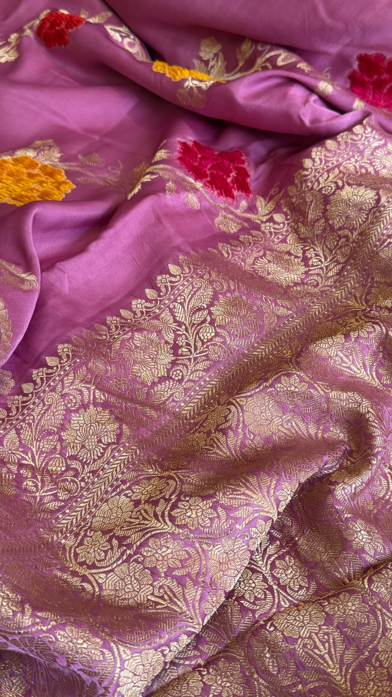 Banarasi lotus lavender pink mashru silk heavy weaving saree with velvet hand embroidered weaving