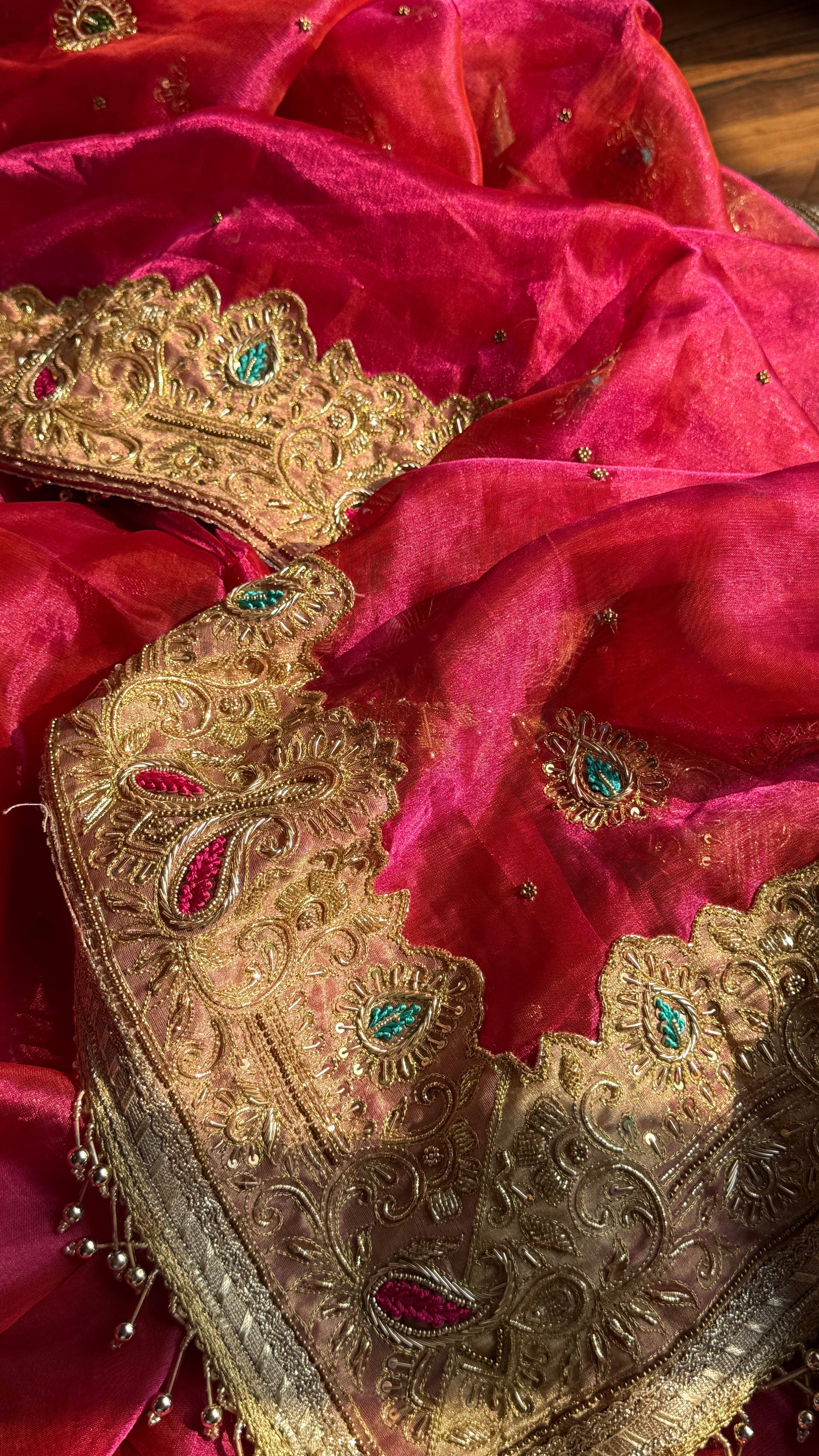 Golden banarasi zardozi heavy hand embroidered meenakari saree