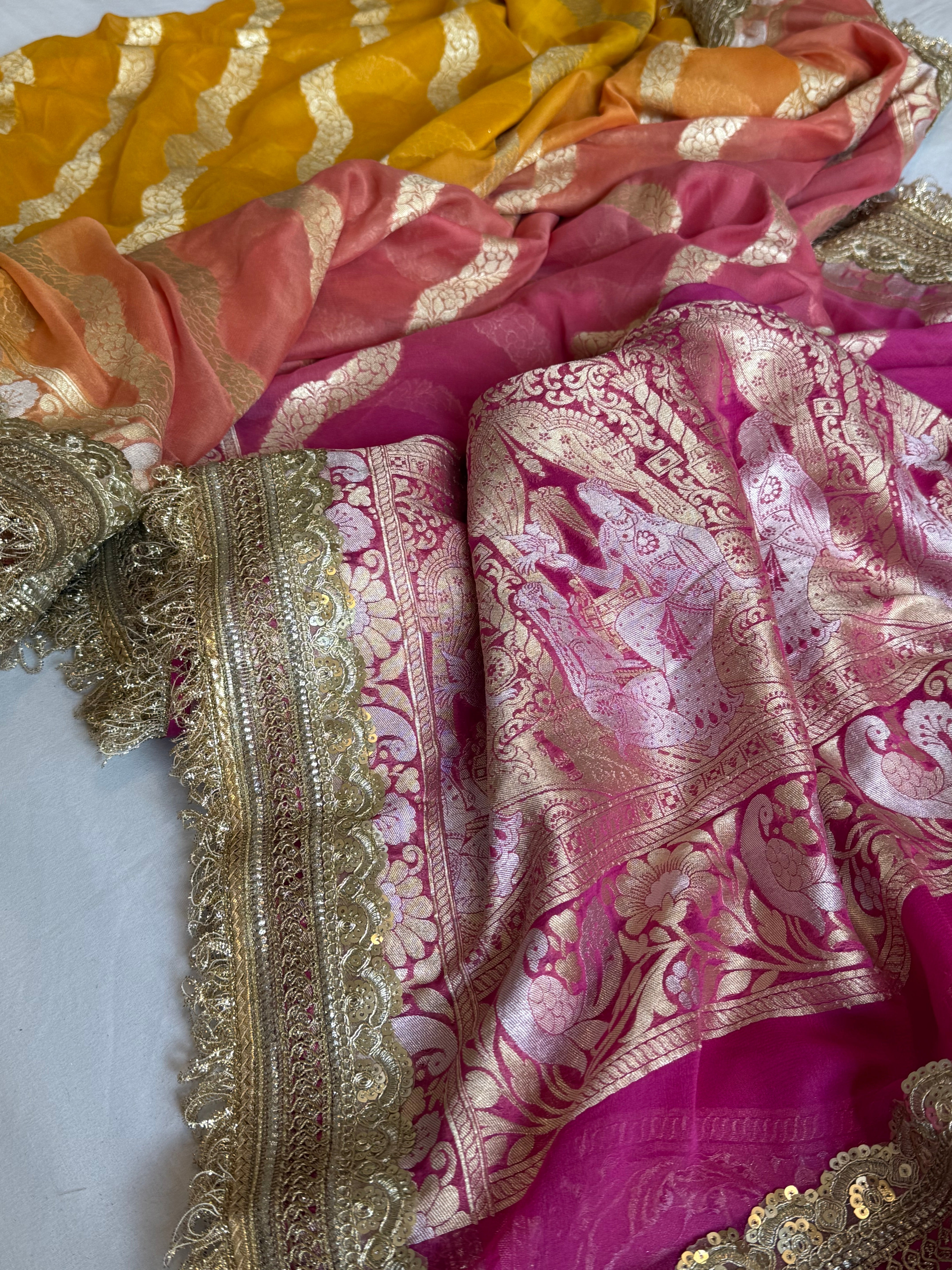 Gayatri devi inspired banarasi chiffon gorgette kadhwa shaded jungla saree