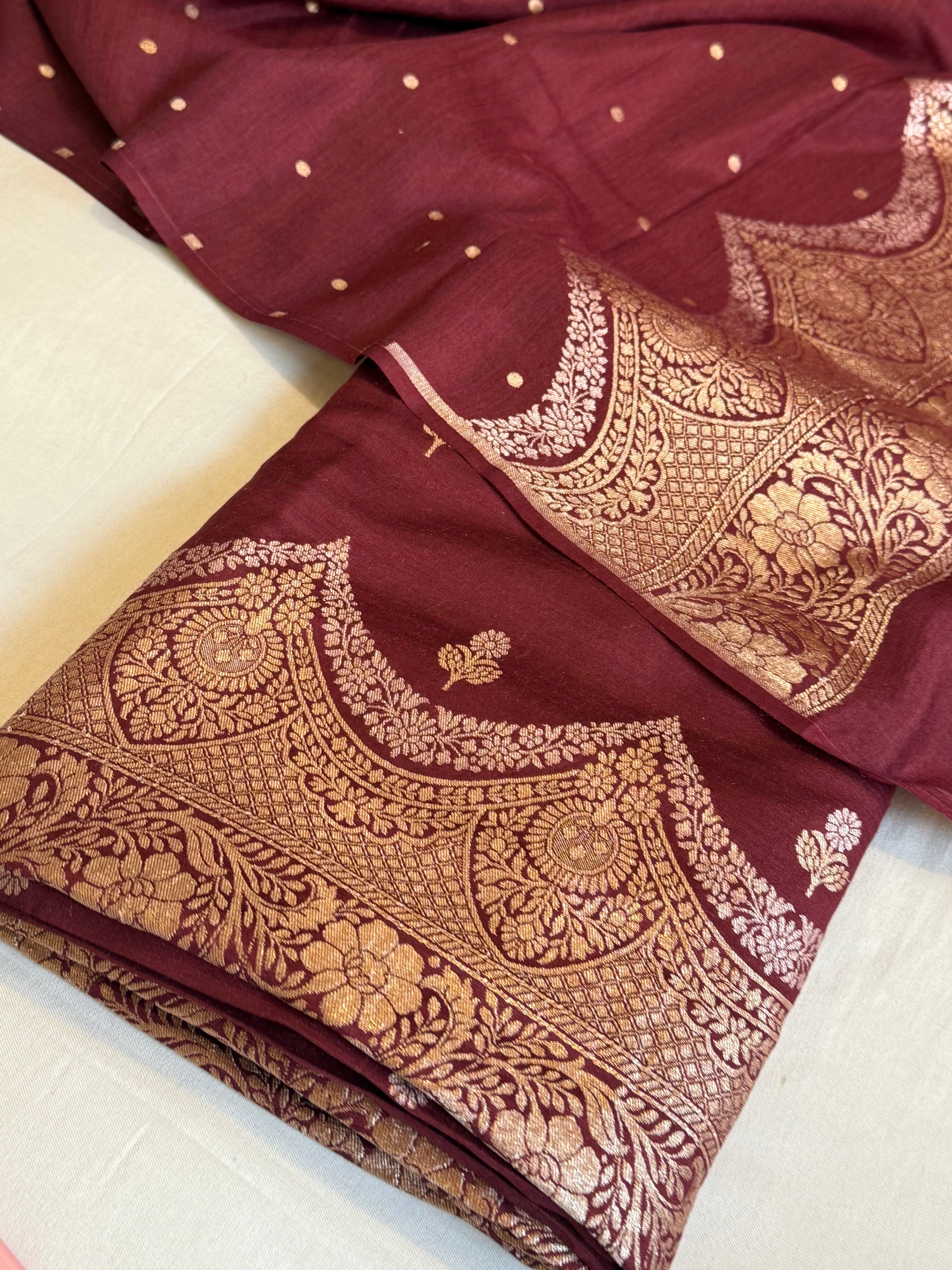 Moonga silk maroonish red scalloped border weaving kadhwa suit set