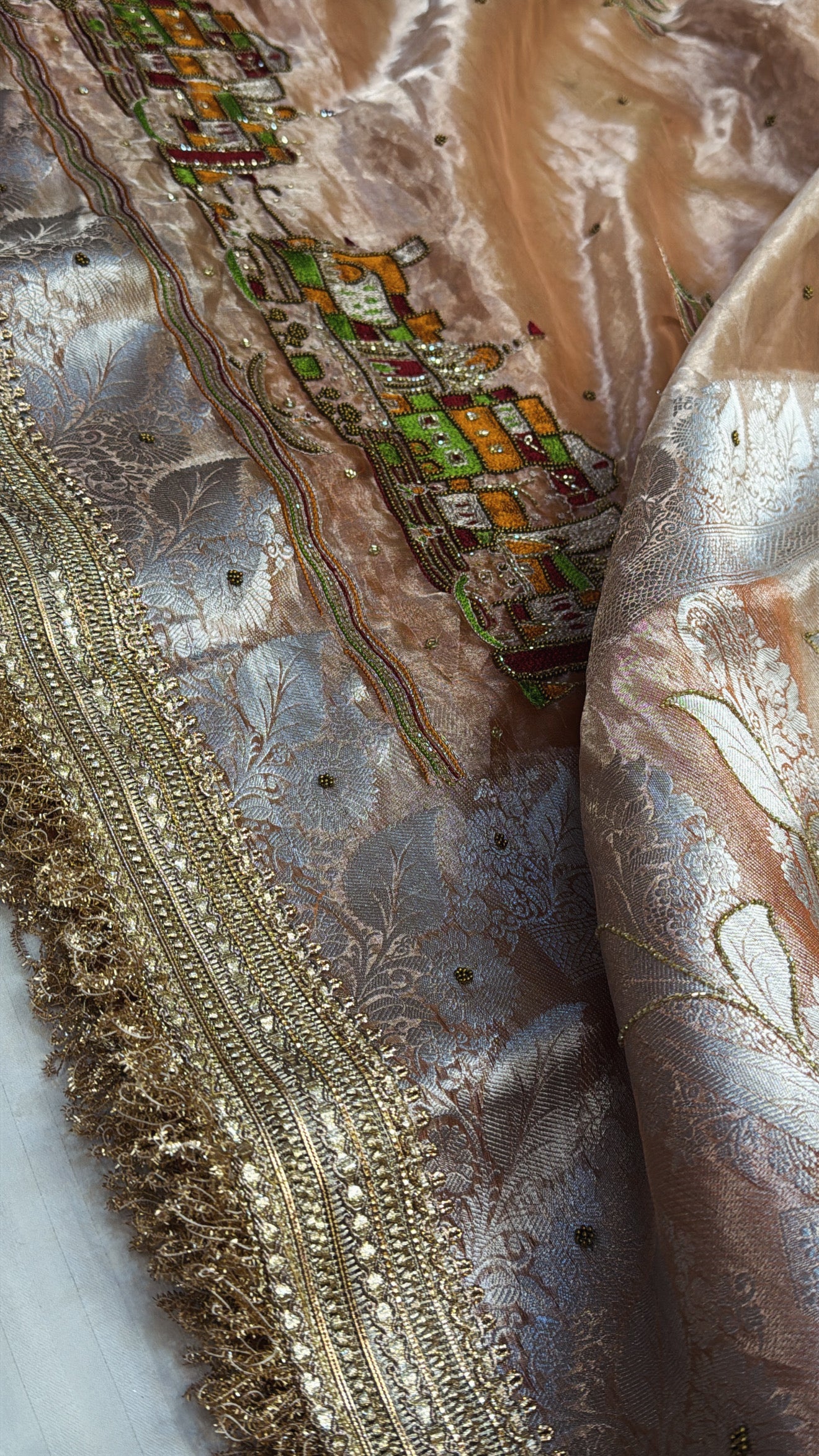 Wedding edit - Husn Chuski orange banarasi ghat motif tissue silk hand embroidered saree