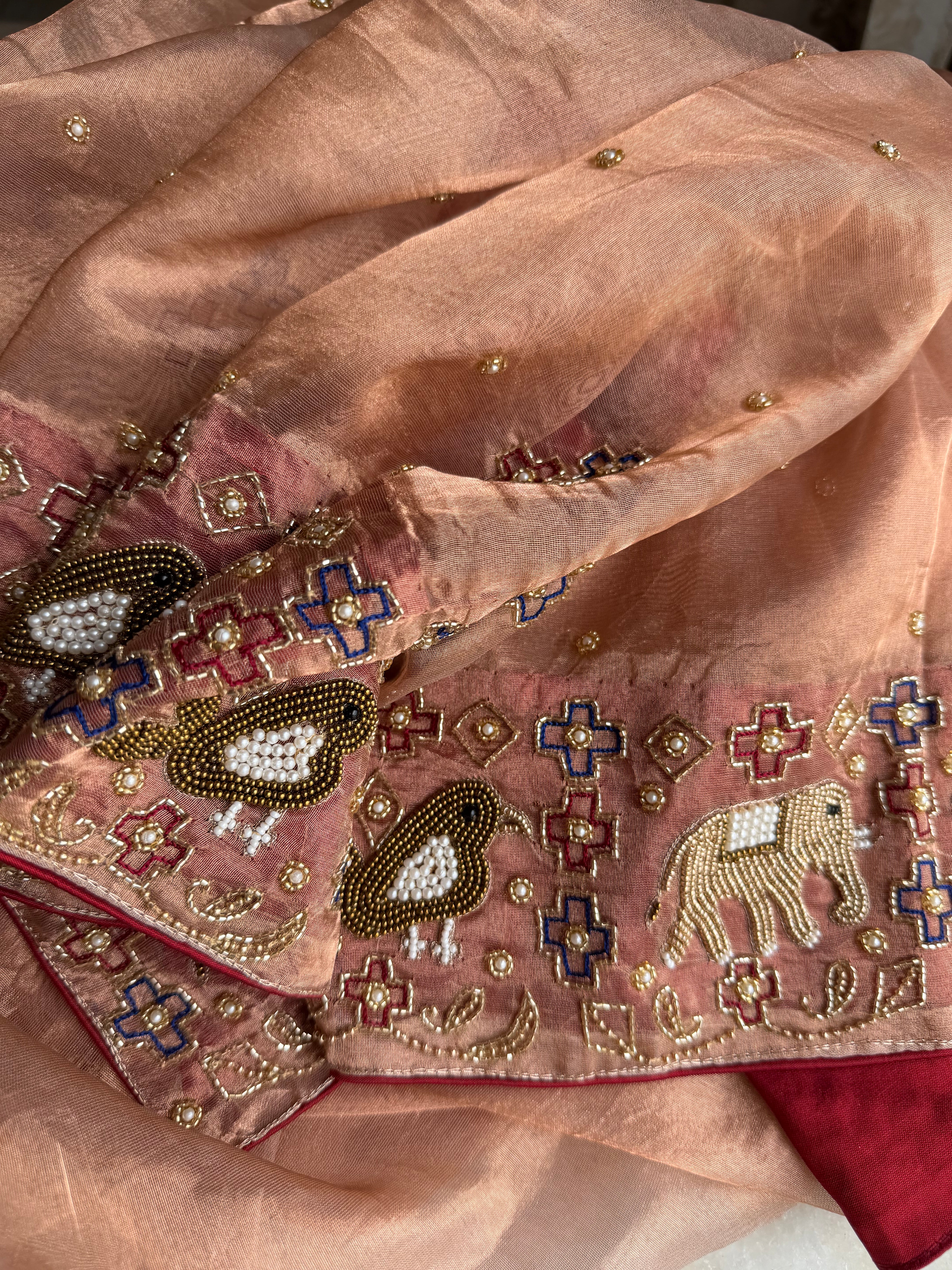 Hathi & chiriya wali border copper tissue silk hand embroidered saree