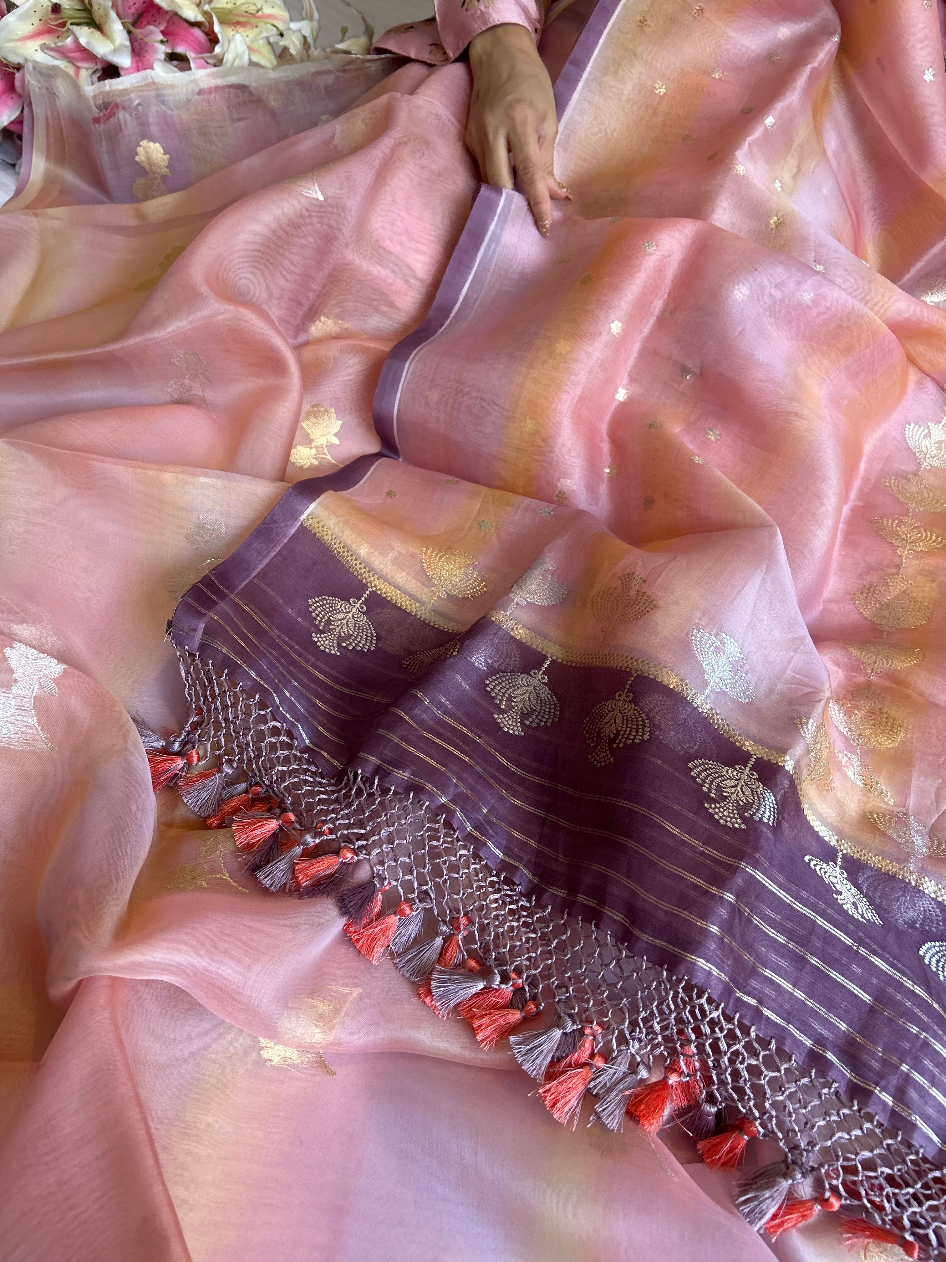 Rainbow dye banarasi kora silk kadhwa buti suit sets