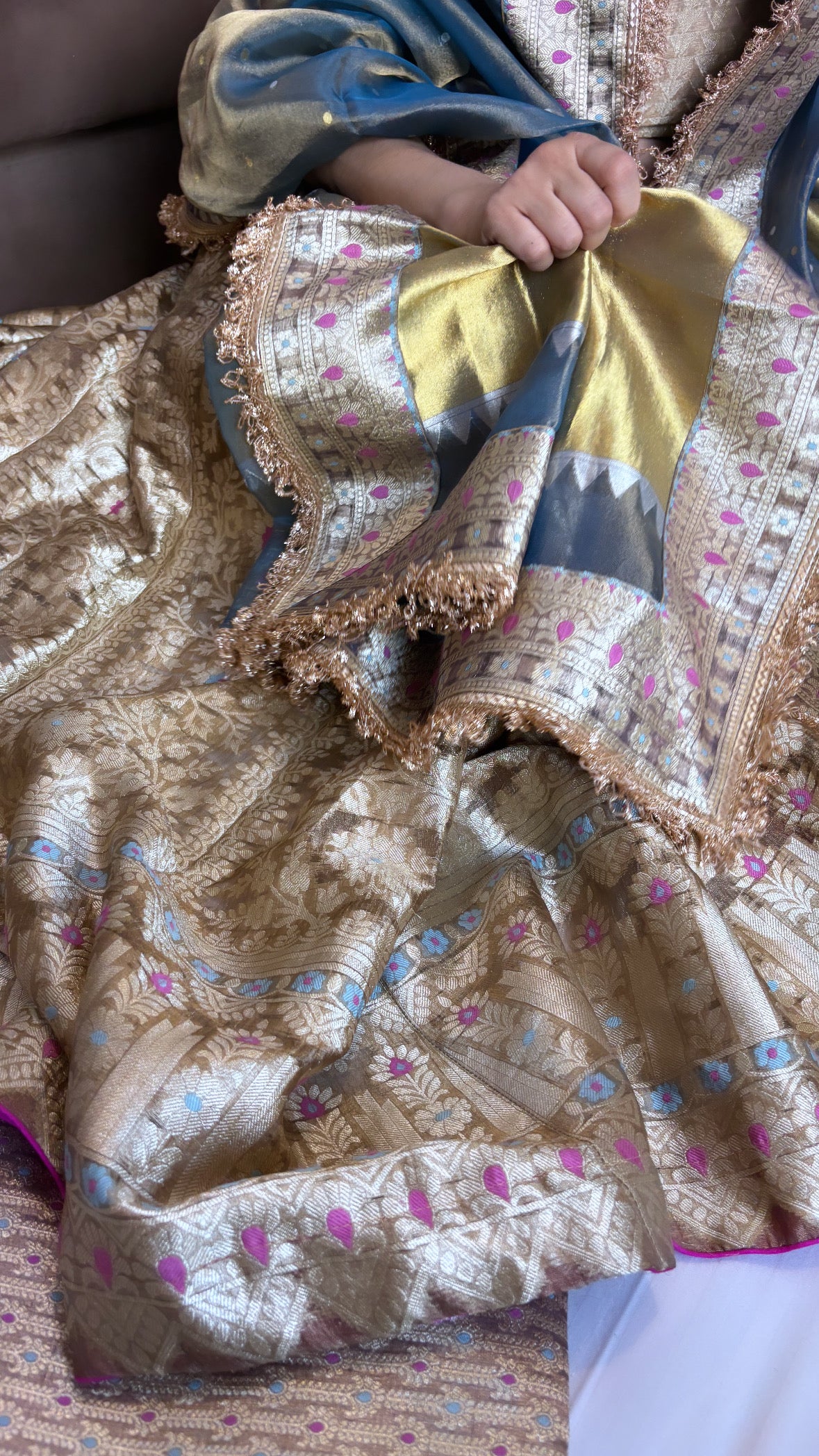 Blueish gold tissue silk kali wale lehenga