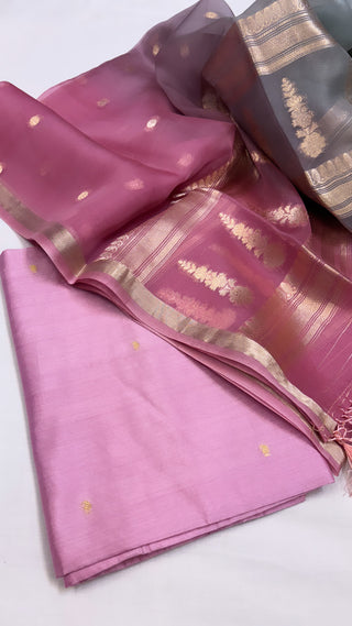 Pure Banarasi rose pink chiniya silk kadhwa buti kadhwa suit set paired kora silk  kadhwa work ombre shaded duppata and bottom set