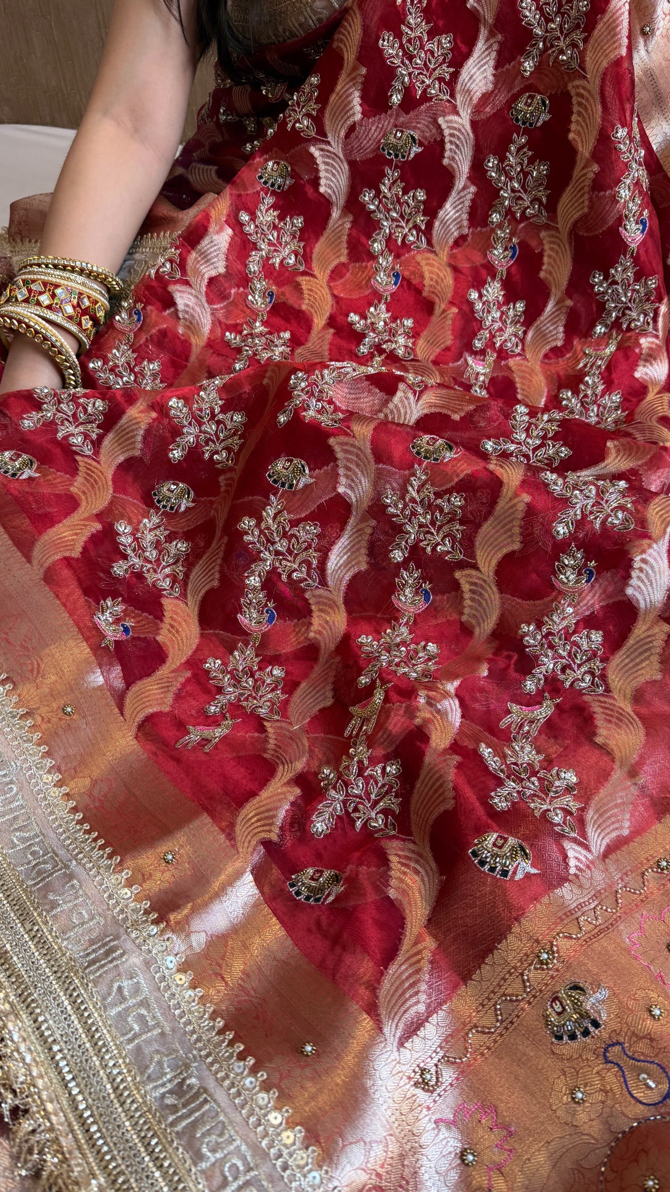 Nayi suhagan edit - Dhup chao blood red tissue silk zardozi and marodi work hand embroidered jaal work saree