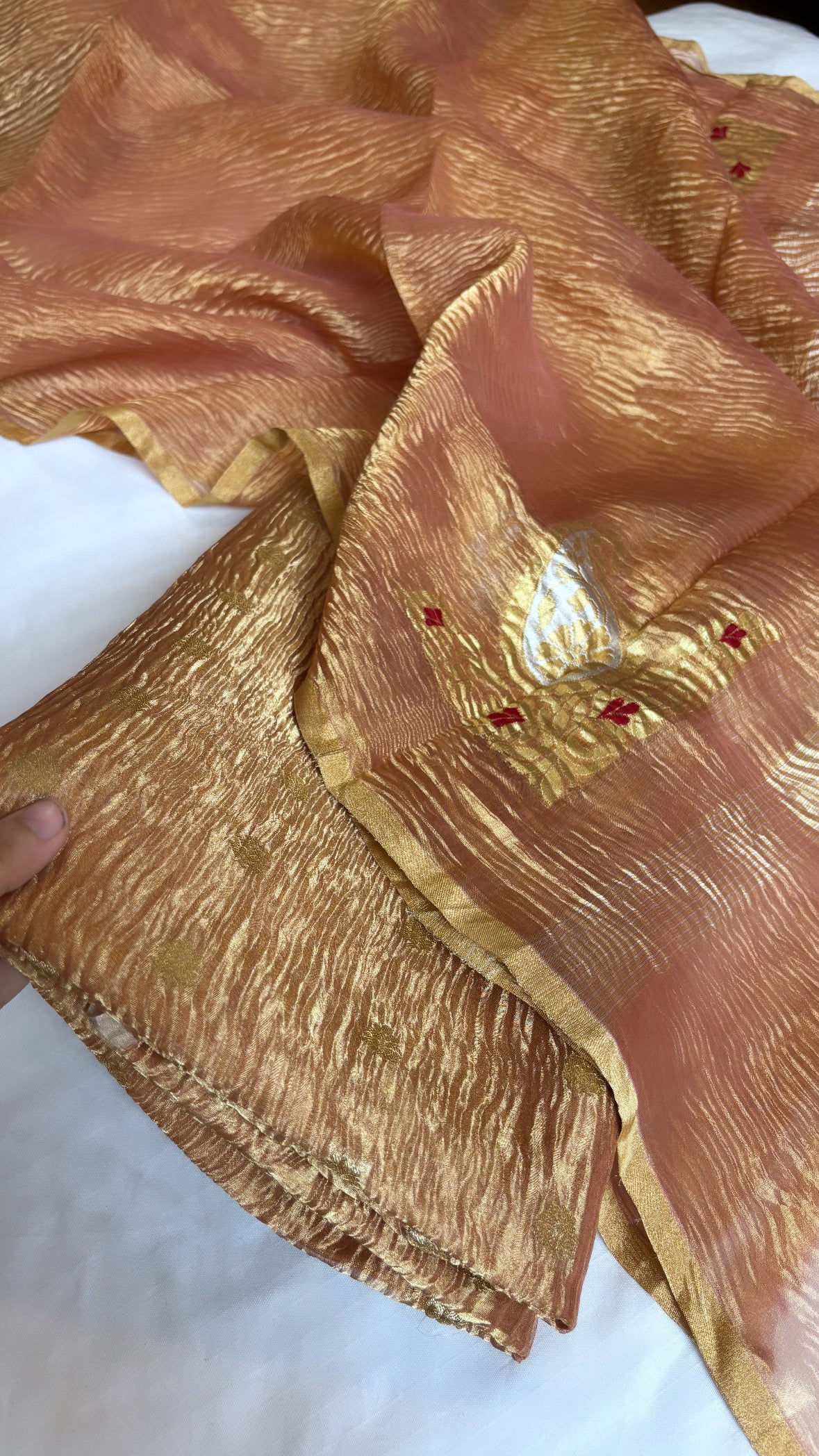 Pure banarasi peachish gold crushed tiisue silk kadhwa sona rupa meenedar buti three piece suit set