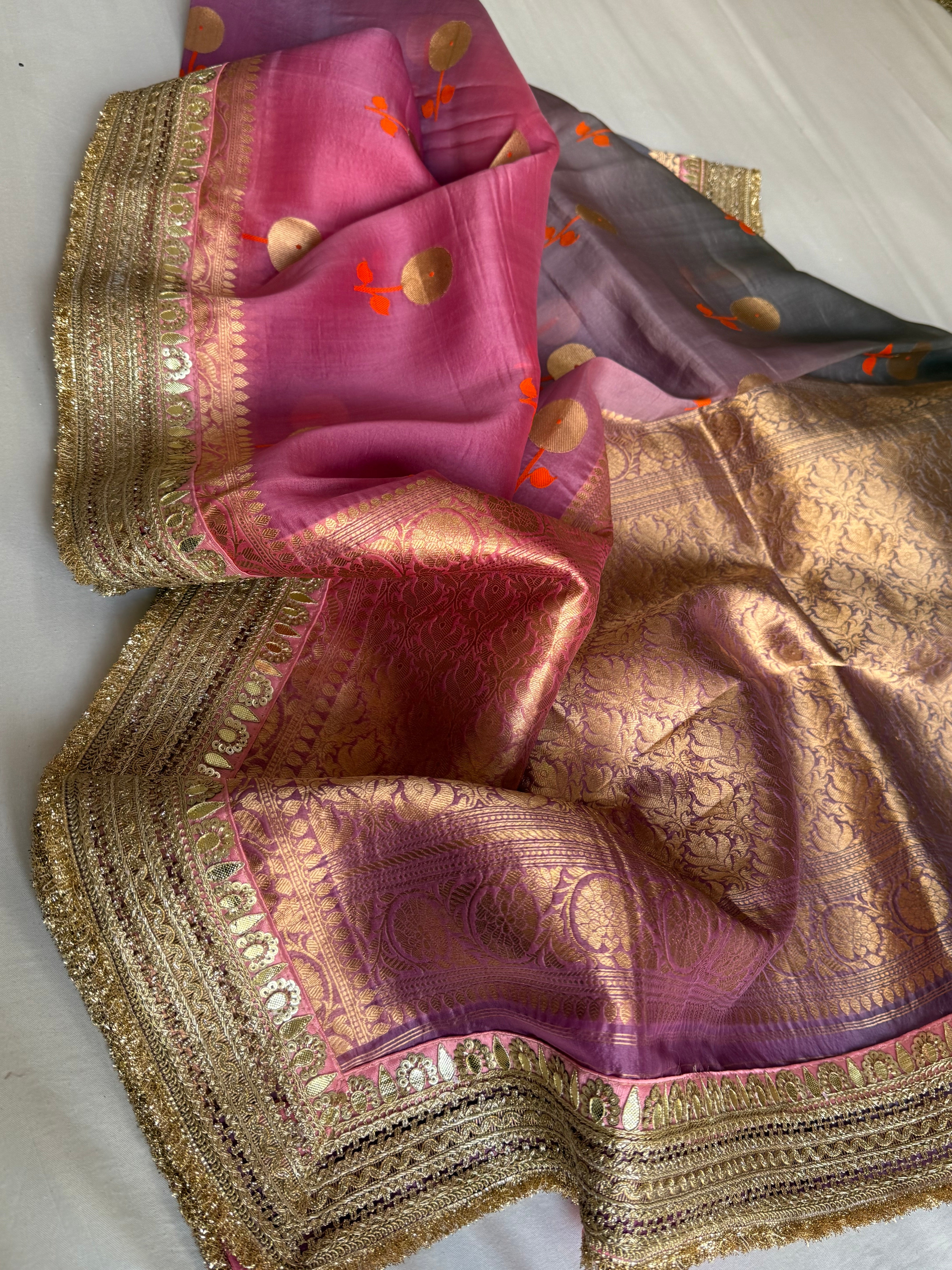 Rang-birangi banarasi kora silk multicoloured shaded kadhwa saree