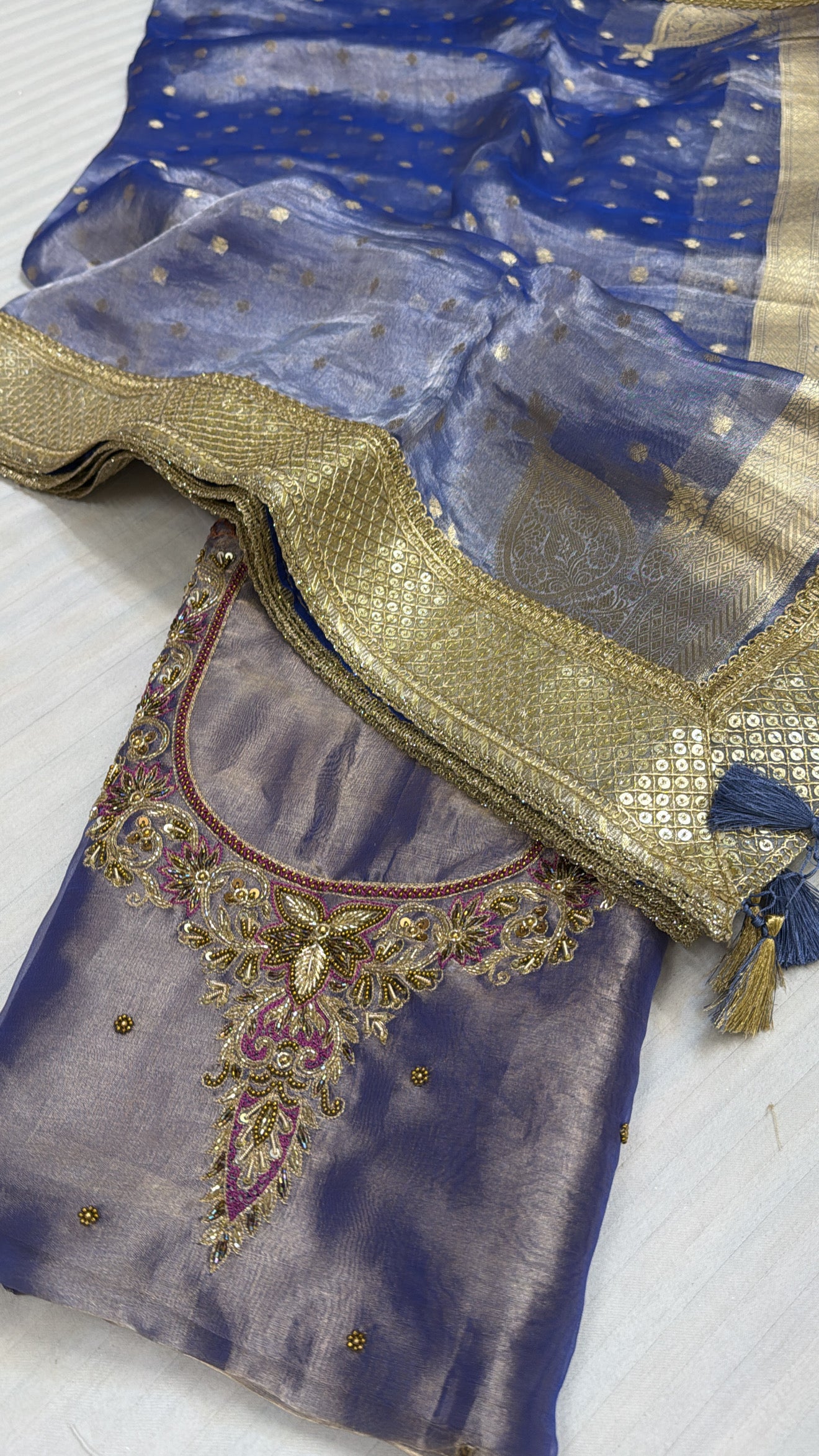 Shagun ke suits - Lilac tissue silk hand embroidered kadhwa suit sets