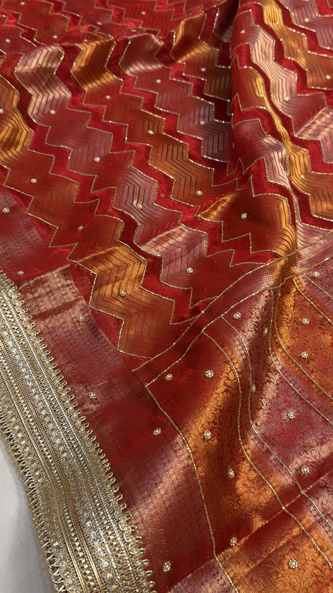 Blood red geometric weaving tissue silk hand embroidered saree