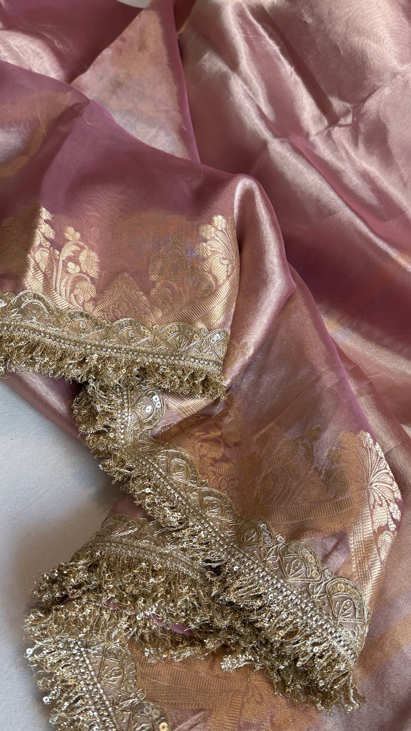 Maharani pastel blush pink tissue silk kadhwa saree