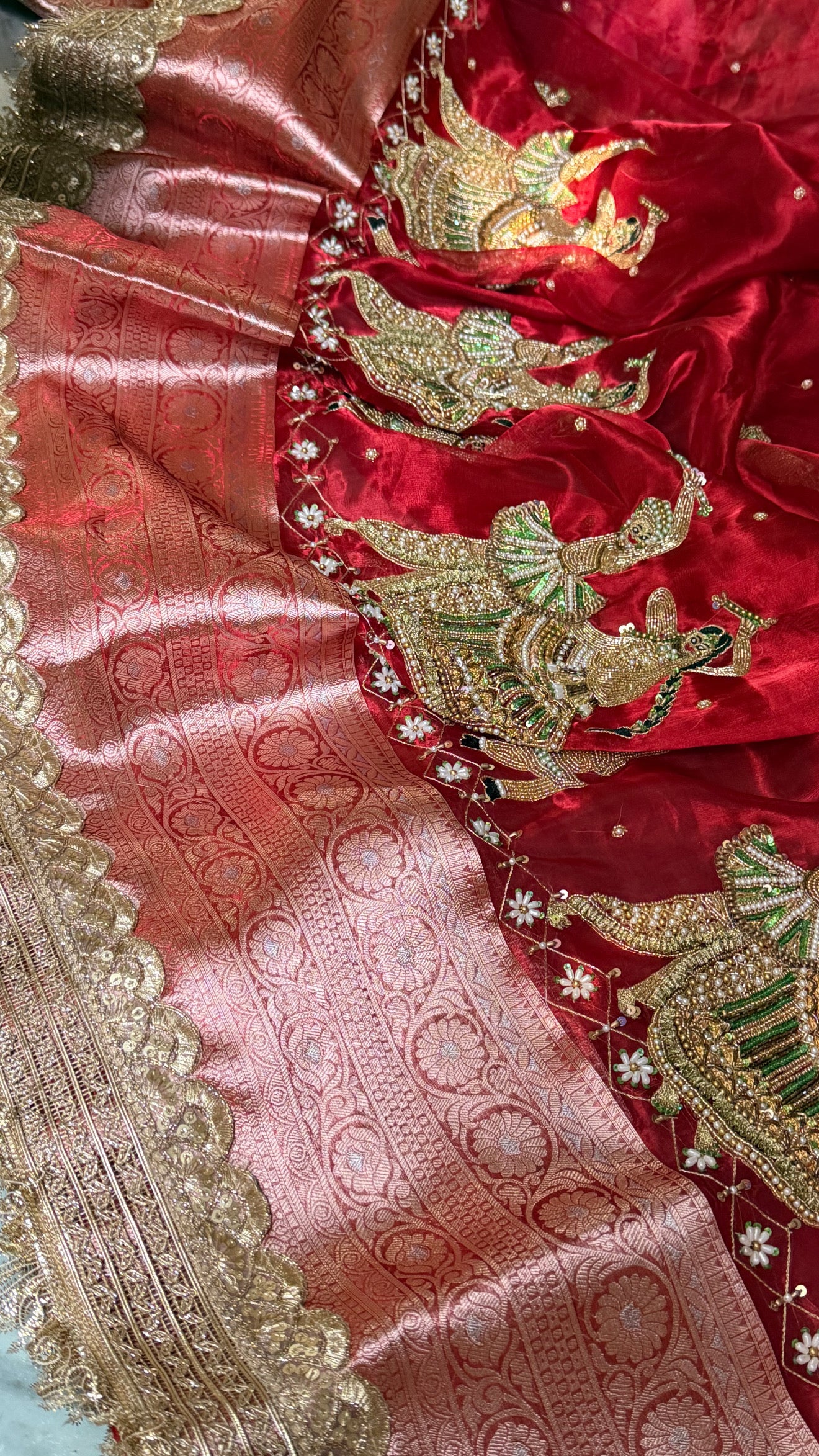 Dandiya wali laal saree - blood red garba theme hand embroidered kadhwa tissue silk saree