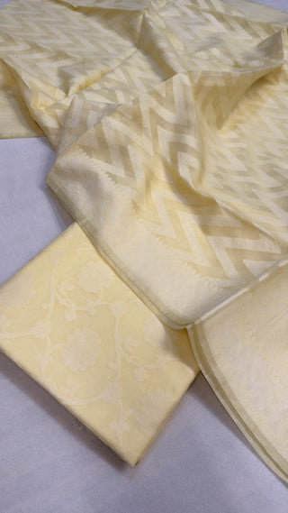 Soft yellow mul cotton banarasi suit set