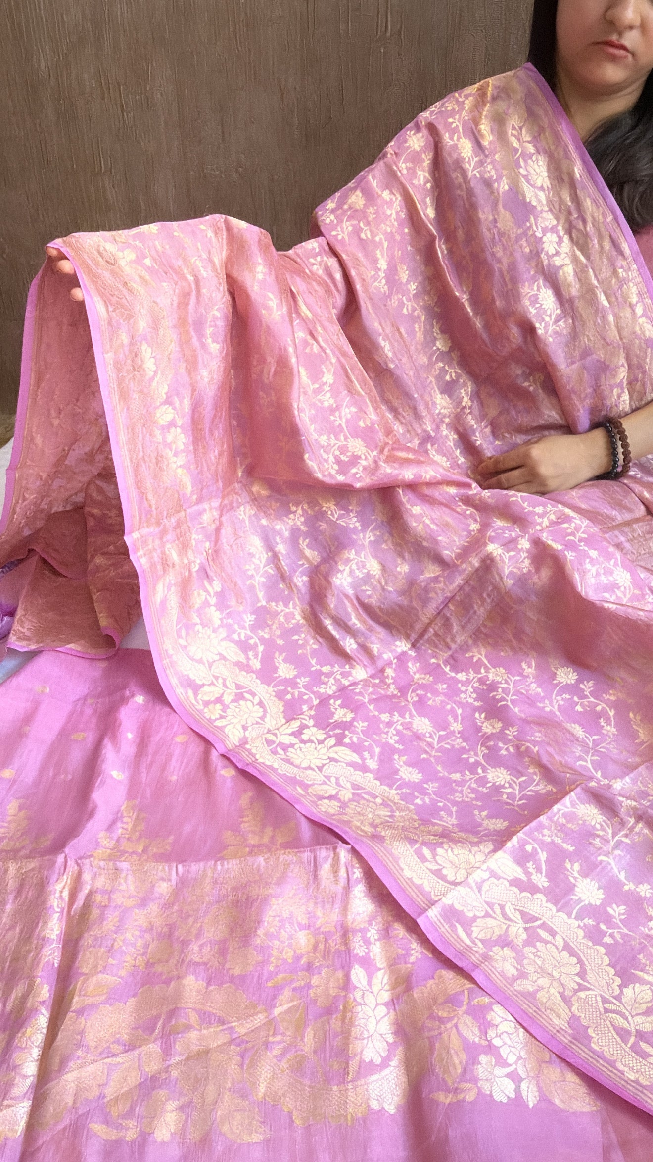 Blush pink mul cotton tissue silk suit set