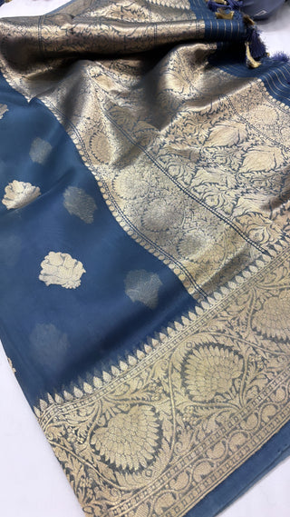 Pure banarasi english blue kora silk kadhwa saree with handwoven kadhwa buti