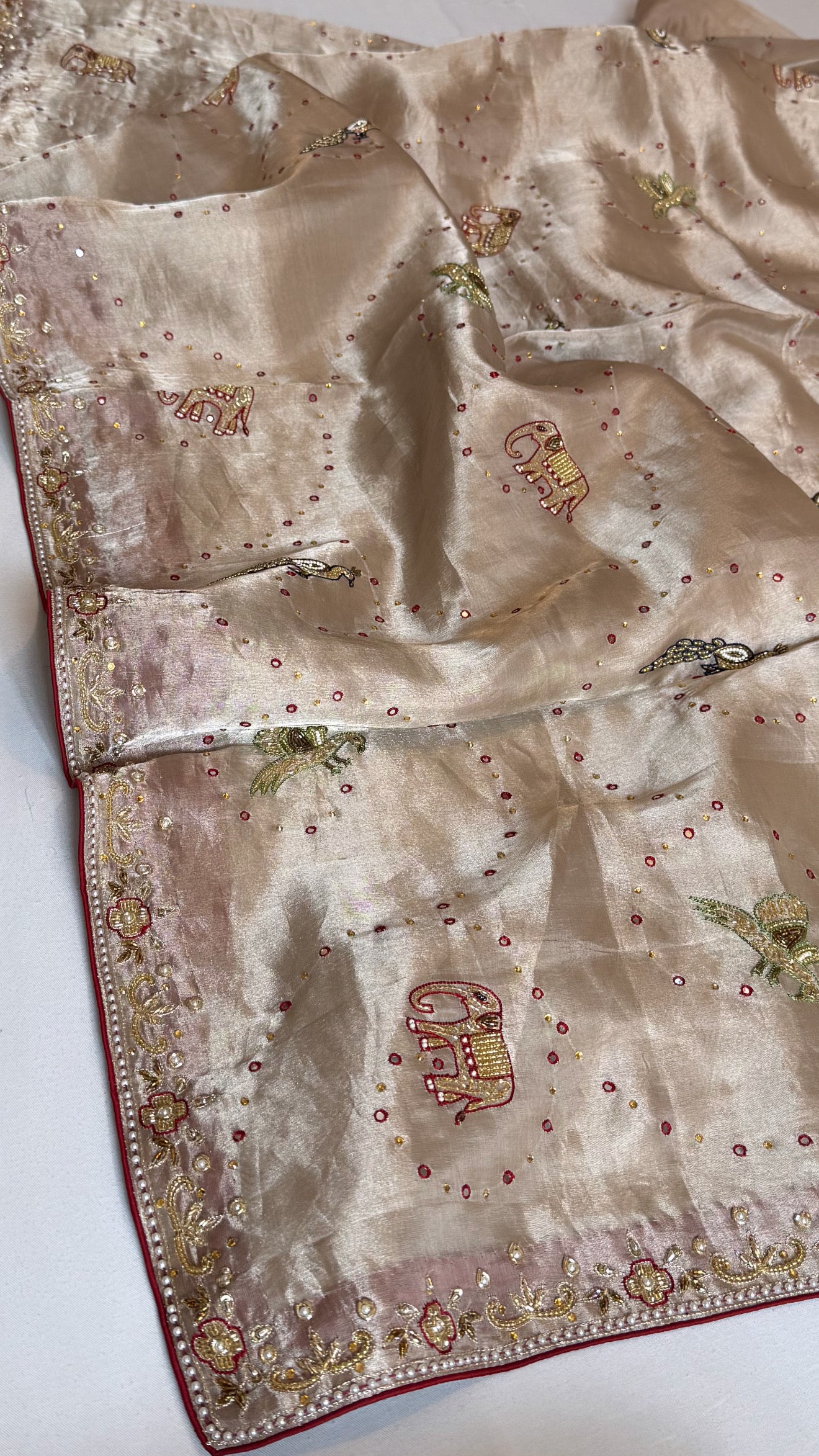 Shikarbagh edit ivory gold diamond tissue silk hand embroidered kadhwa saree