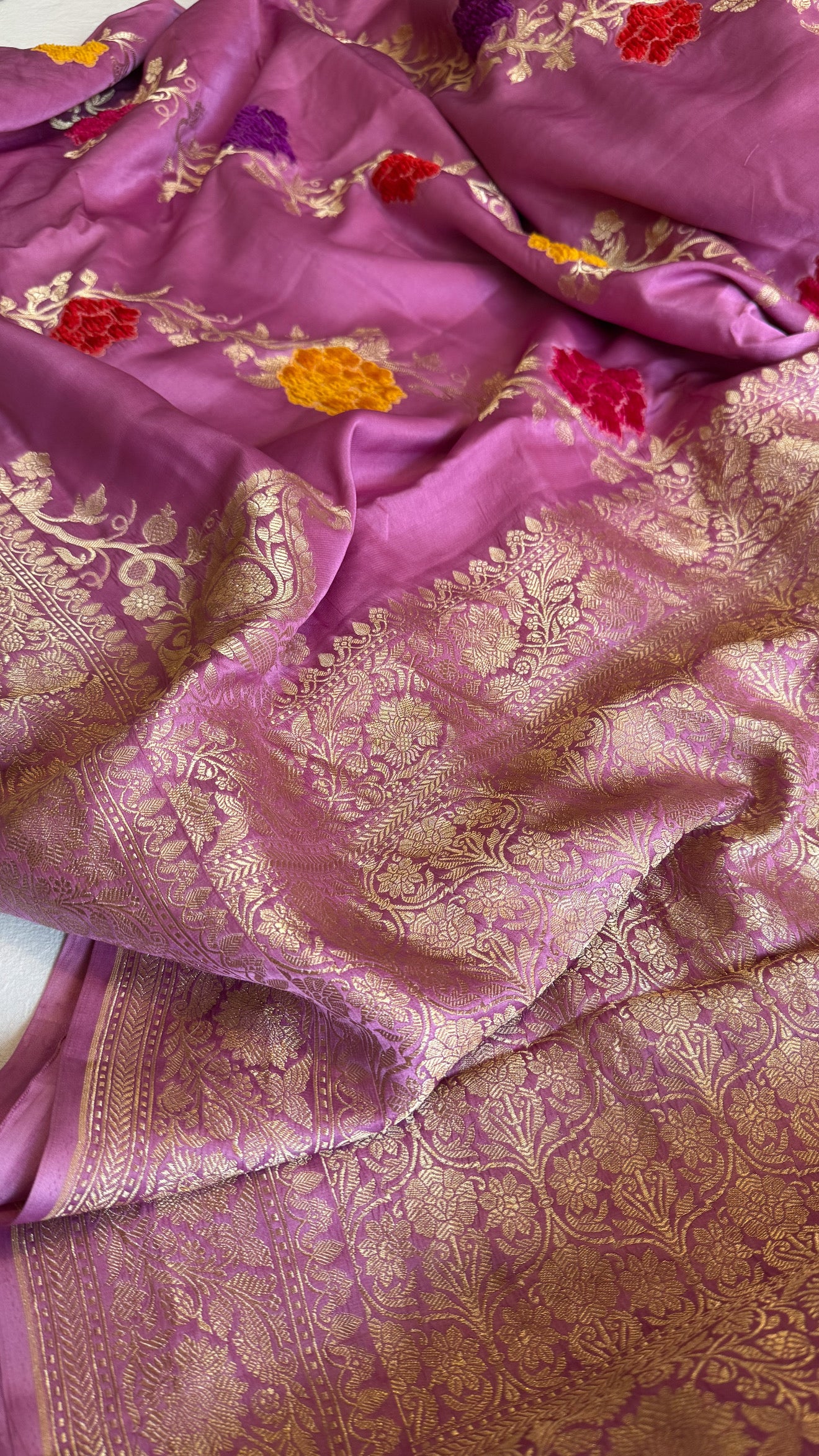 Banarasi lotus lavender pink mashru silk heavy weaving saree with velvet hand embroidered weaving