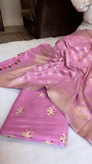 Blushing pink moonga silk meenedar suit set