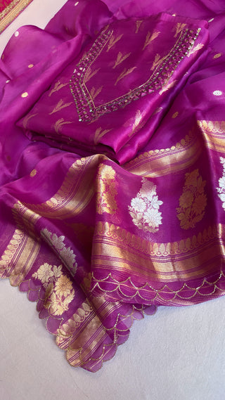 Banarasi purple kora silk hand embroidered kadhwa suit set