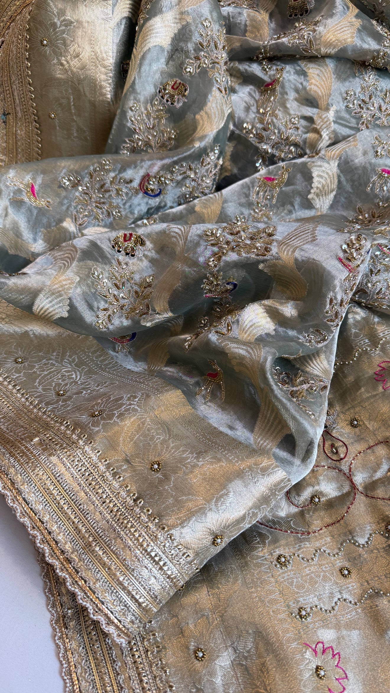 Nayi suhagan edit - Ice blue tissue silk jungla shikargah marodi and zardozi hand embroidered kadhwa saree