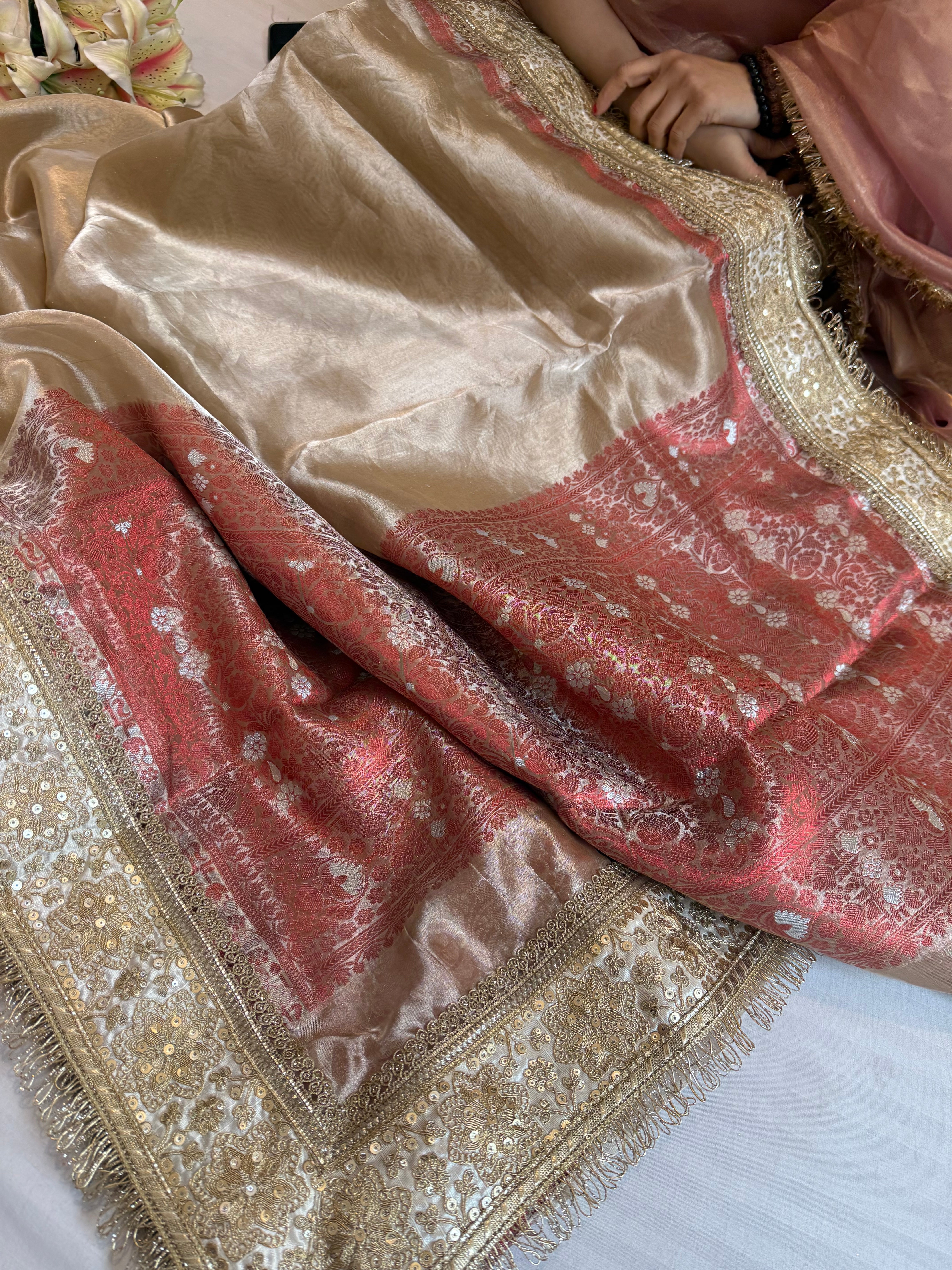 Maharani champagne gold tissue silk kadhwa gotapatti saree