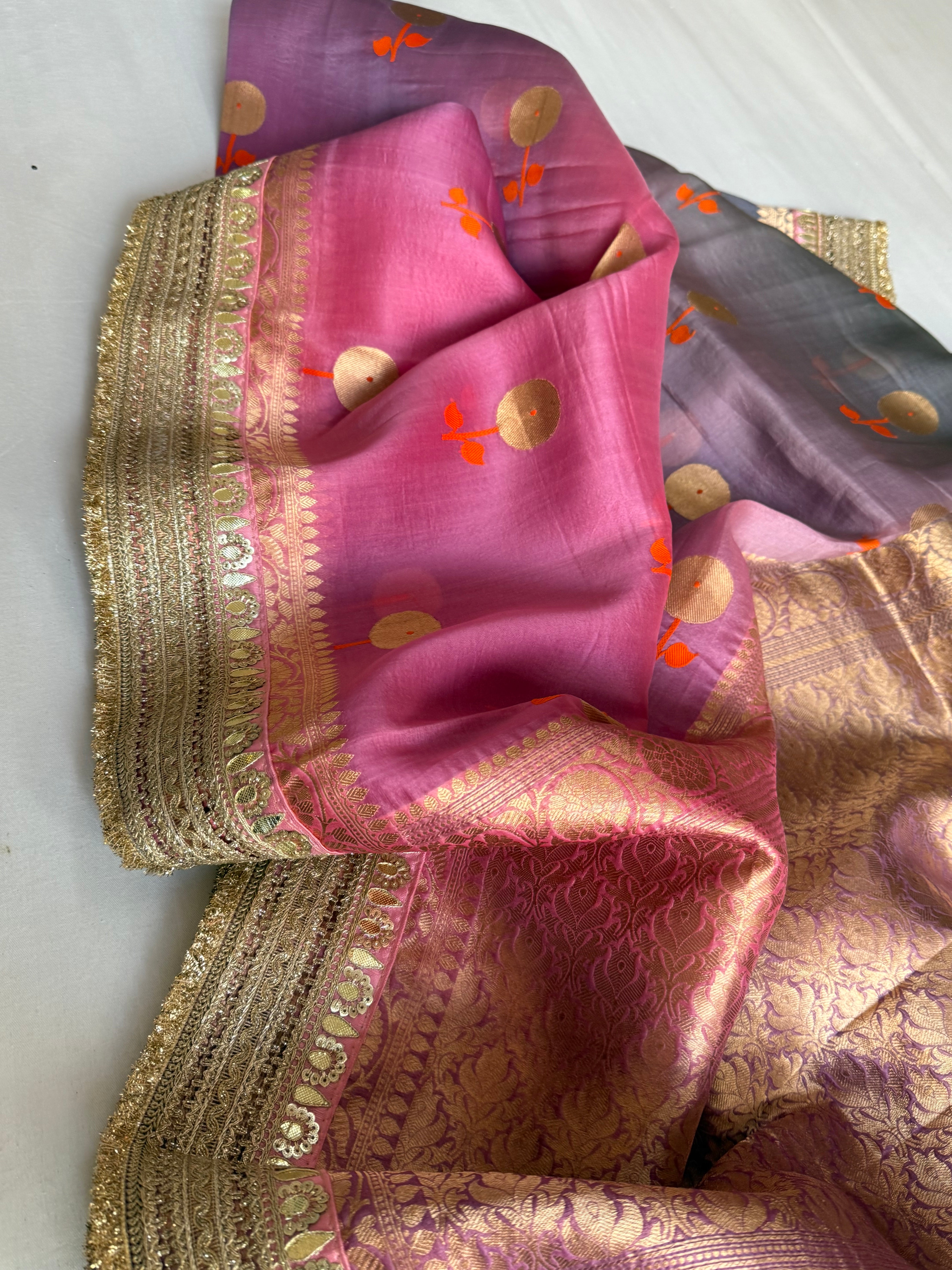 Rang-birangi banarasi kora silk multicoloured shaded kadhwa saree