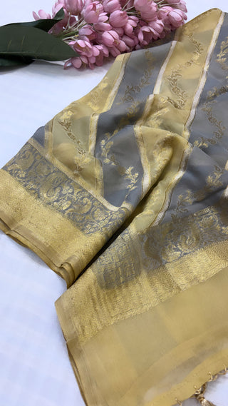 Banarasi gorgette olive green - grey rangkaat kadhwa duppata