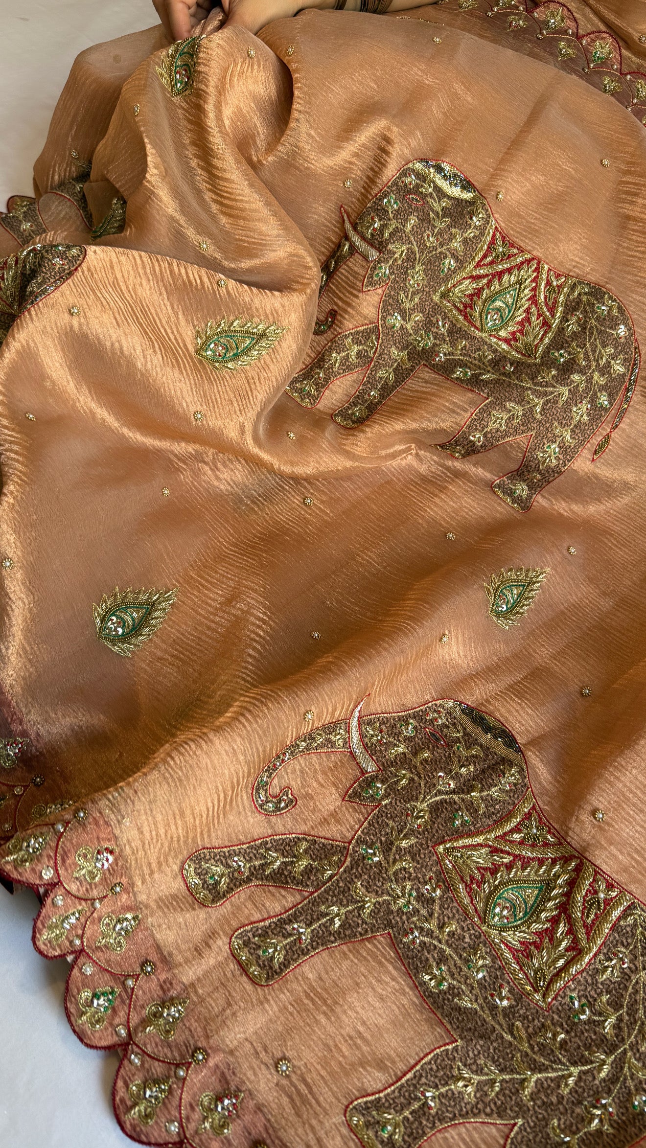 GajGamini crushed copper tissue silk elephant motif heavy hand embroidered meenakari work saree