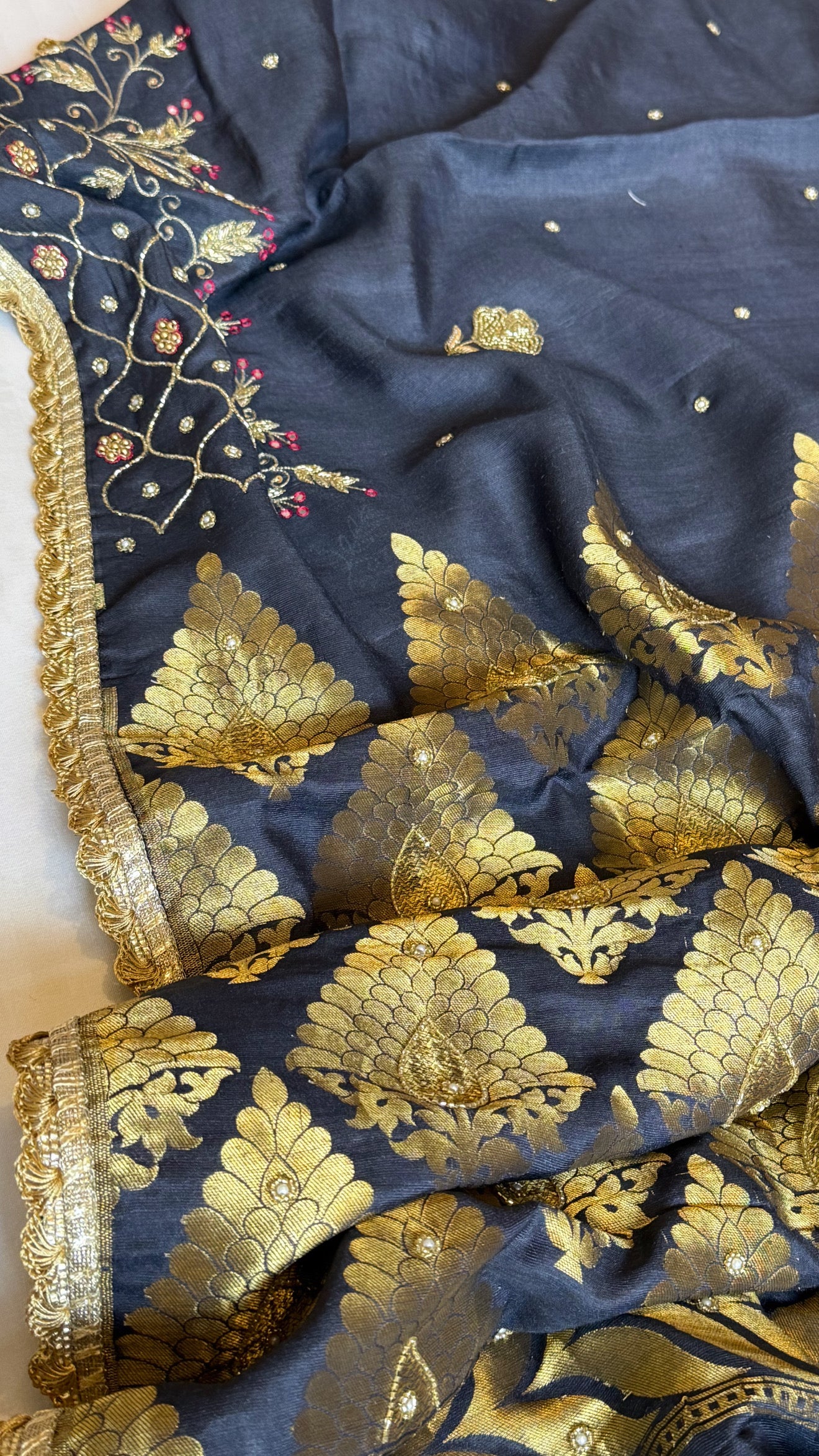 Navy blue moonga tussar silk hand embroidered kadhwa saree