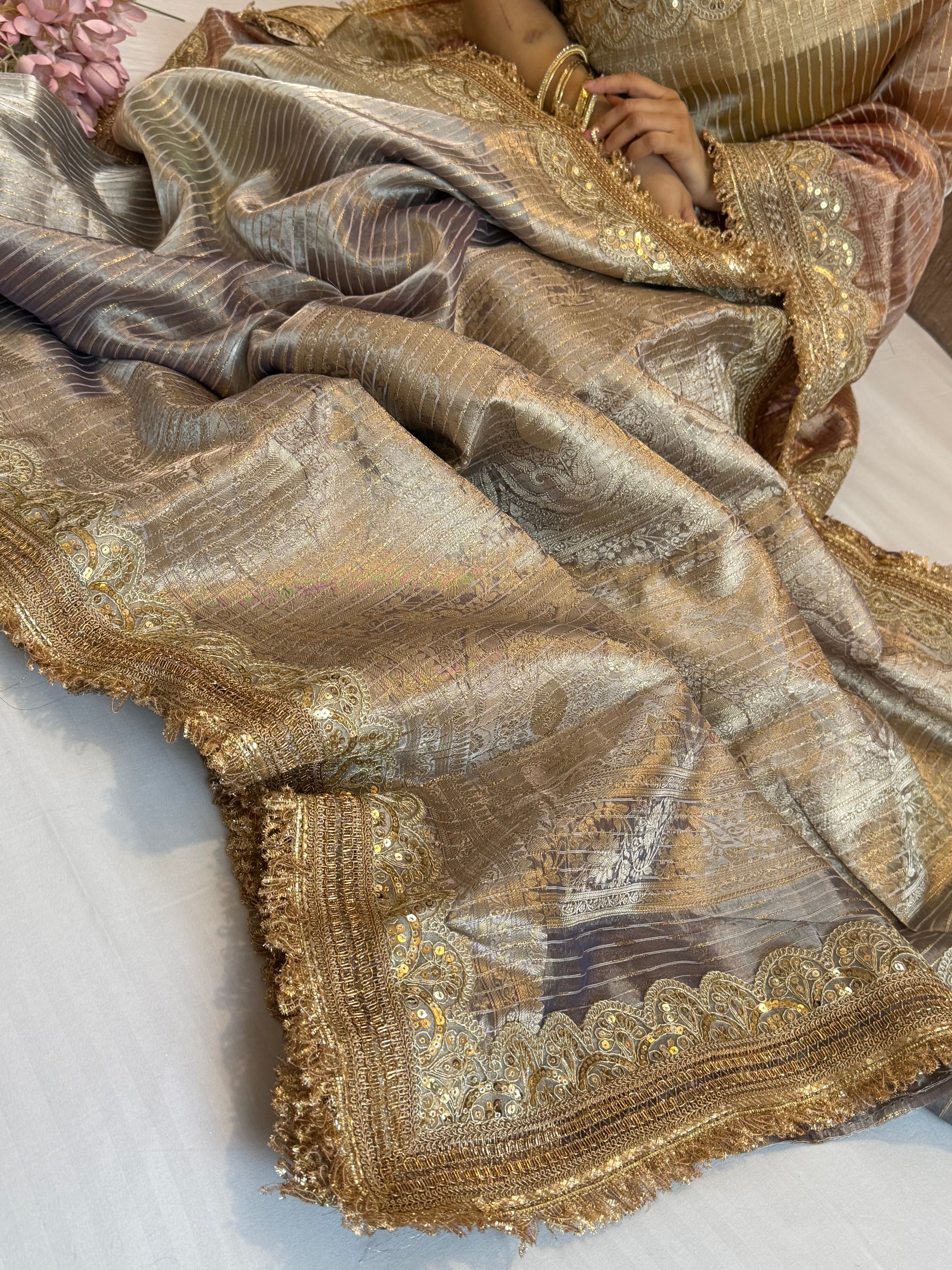 Maharani rang birangi tissue silk zari striped kadhwa saree