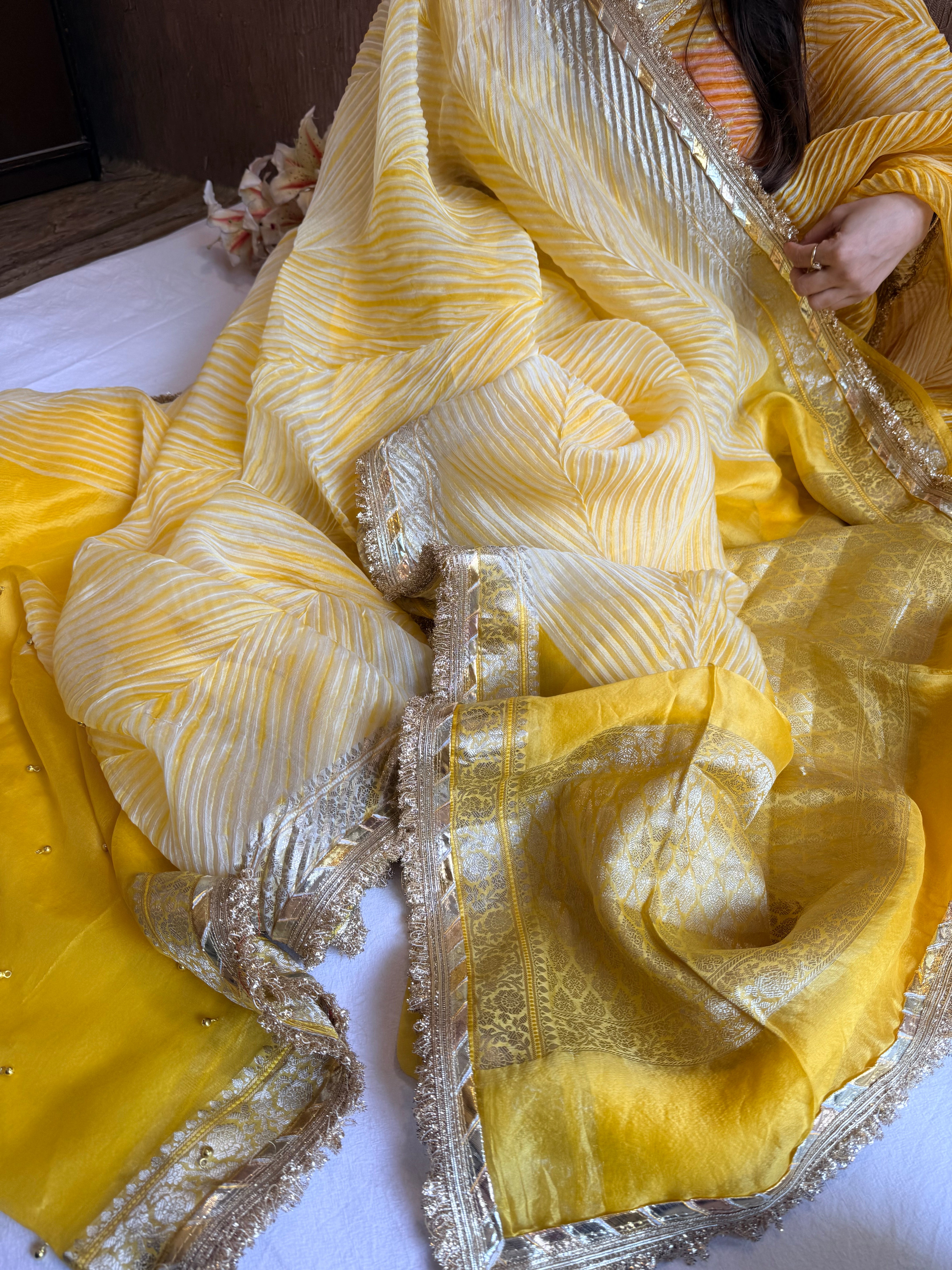 Arshi dye ghungro work kora silk banarasi kadhwa weaving saree