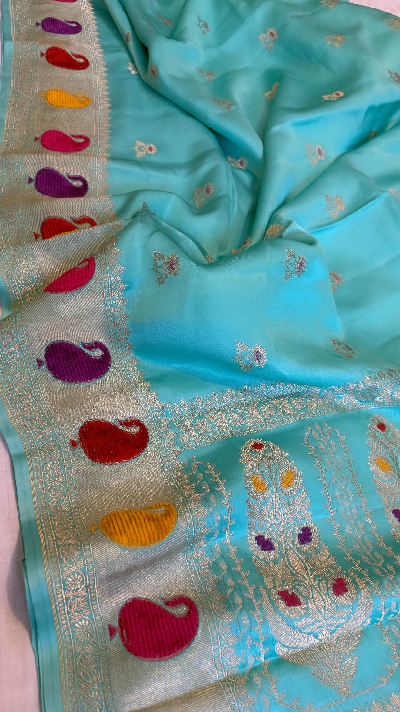 Sky blush blue banarasi mashru silk velvet buti kadhwa weaving saree